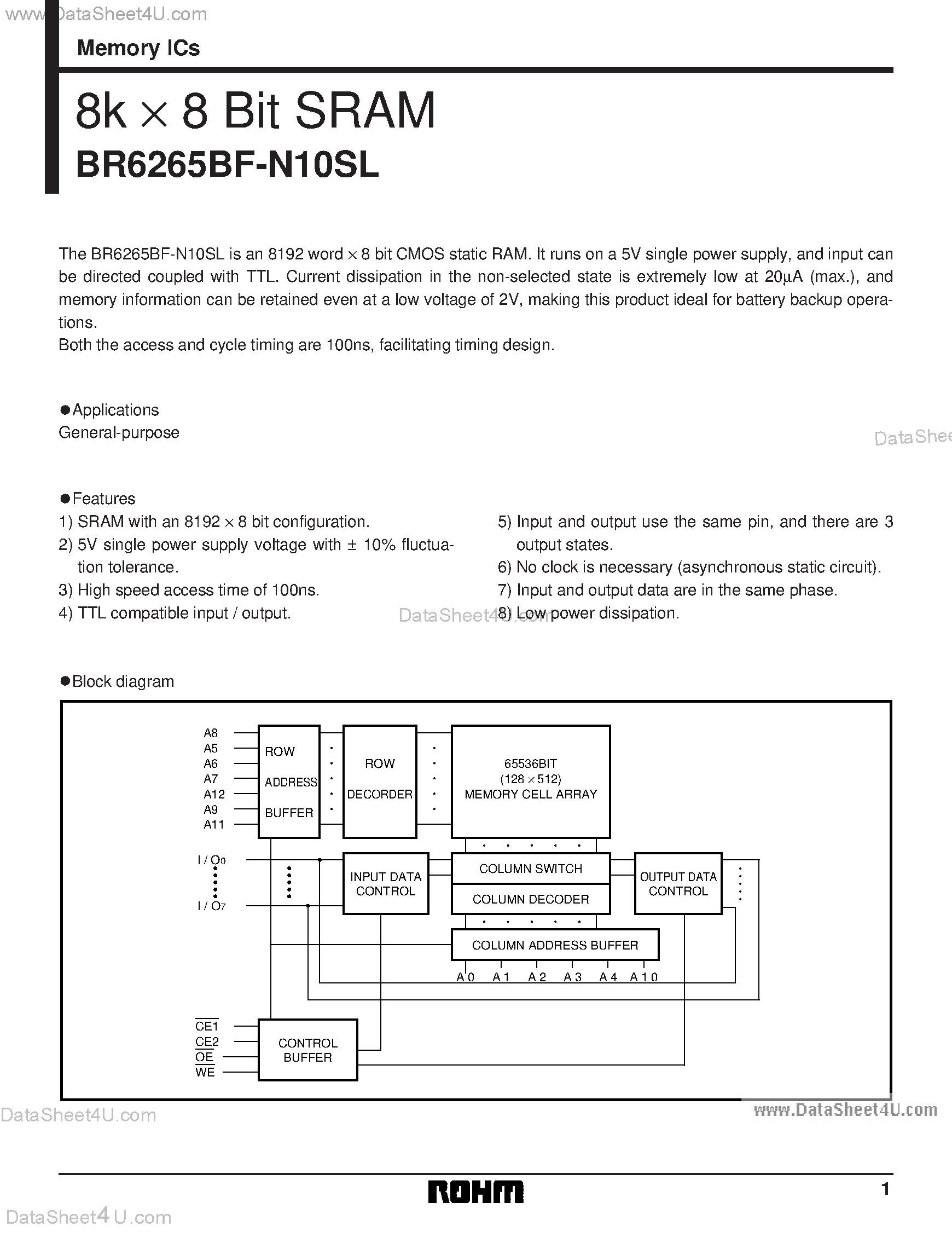 Даташит на микросхему BR6265BF-N10SL страница 1 Даташит BR6265BF-N10SL - 8K x 8-Bit SRAM страница 1