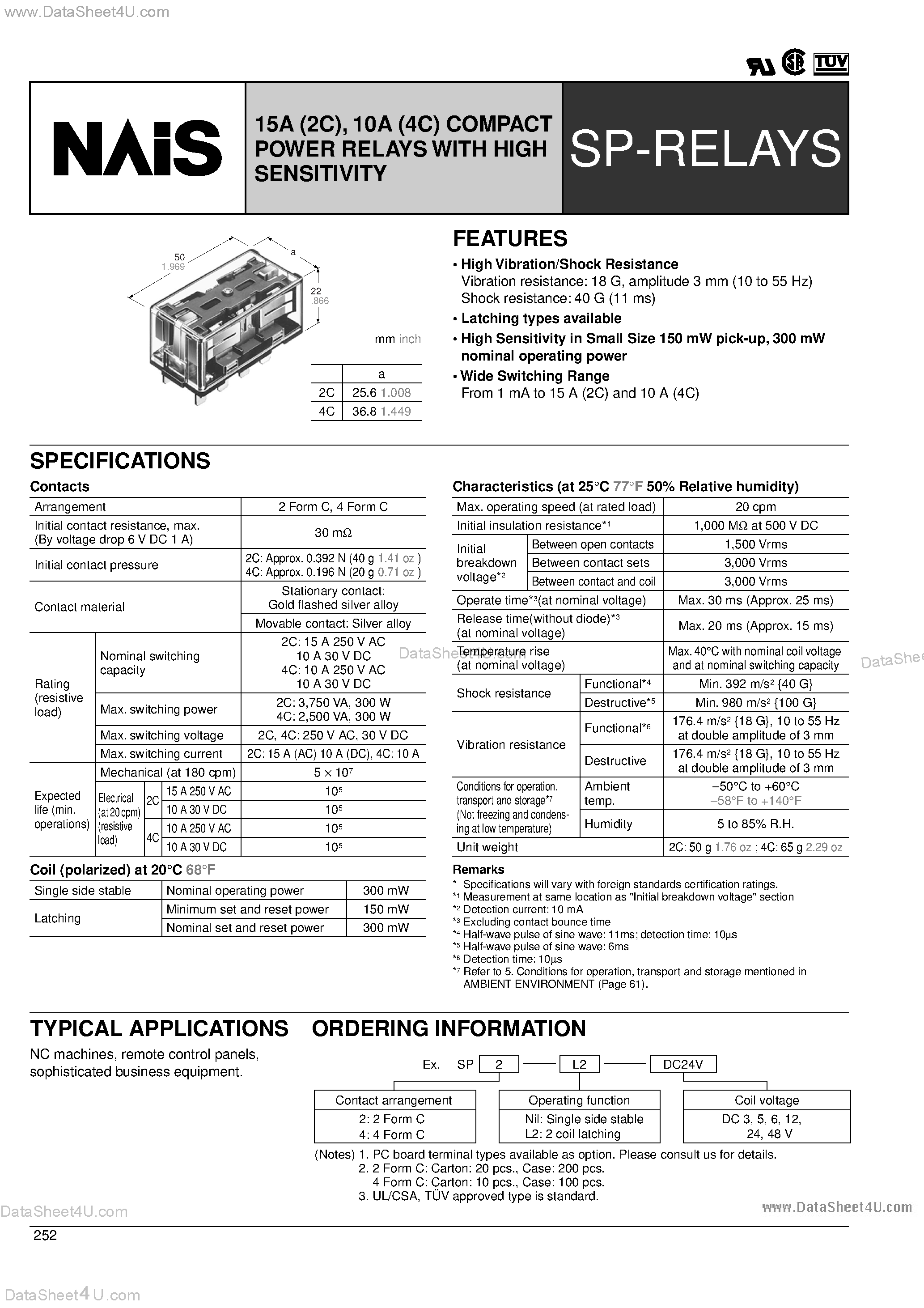 Datasheet SP4-L2 page 1 Datasheet SP4-L2 - COMPACT POWER RELAYS WITH HIGH SENSITIVITY page 1