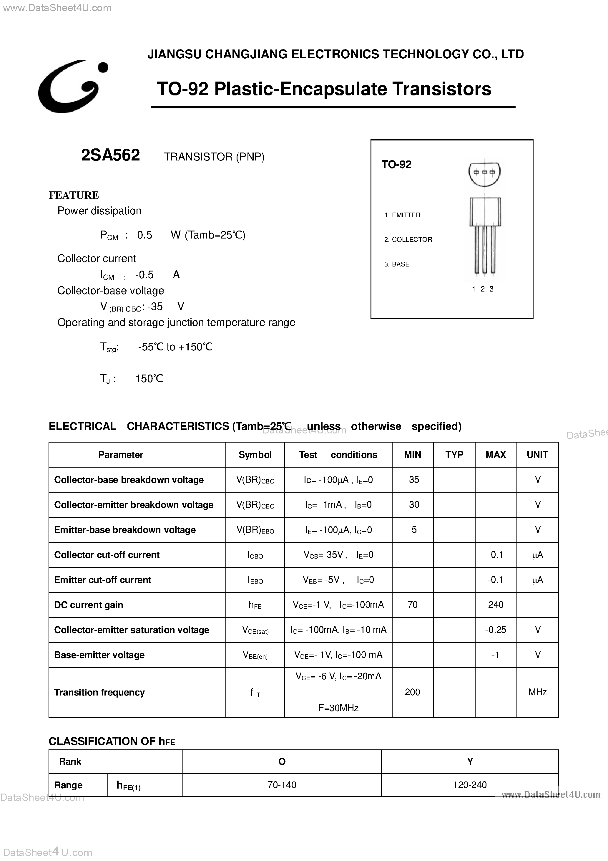 Datasheet 2SA562 - PNP Transistor page 1