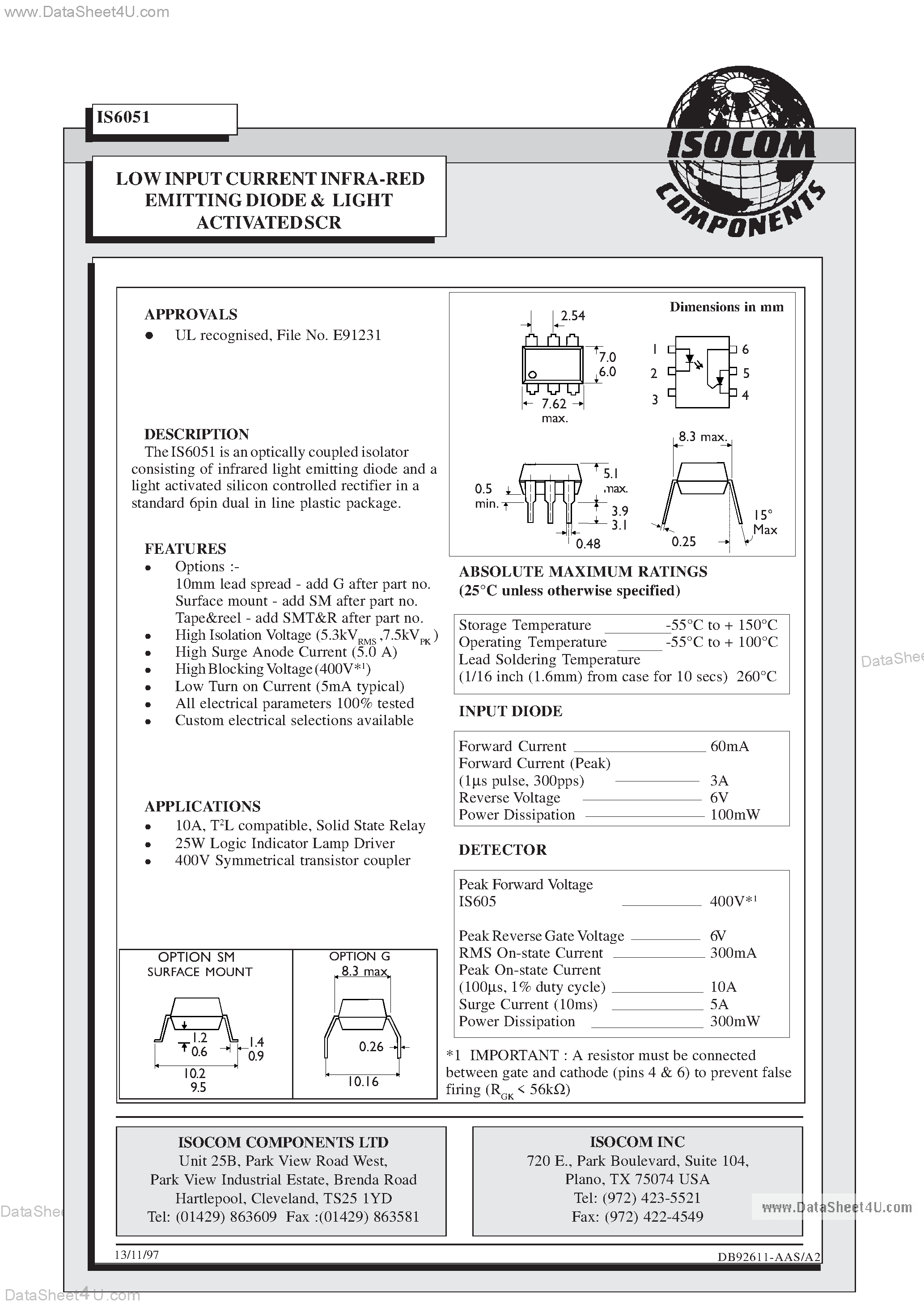 Даташит на микросхему IS6051 страница 1 Даташит IS6051 - LOW INPUT CURRENT INFRA-RED EMITTING DIODE & LIGHT ACTIVATED SCR страница 1