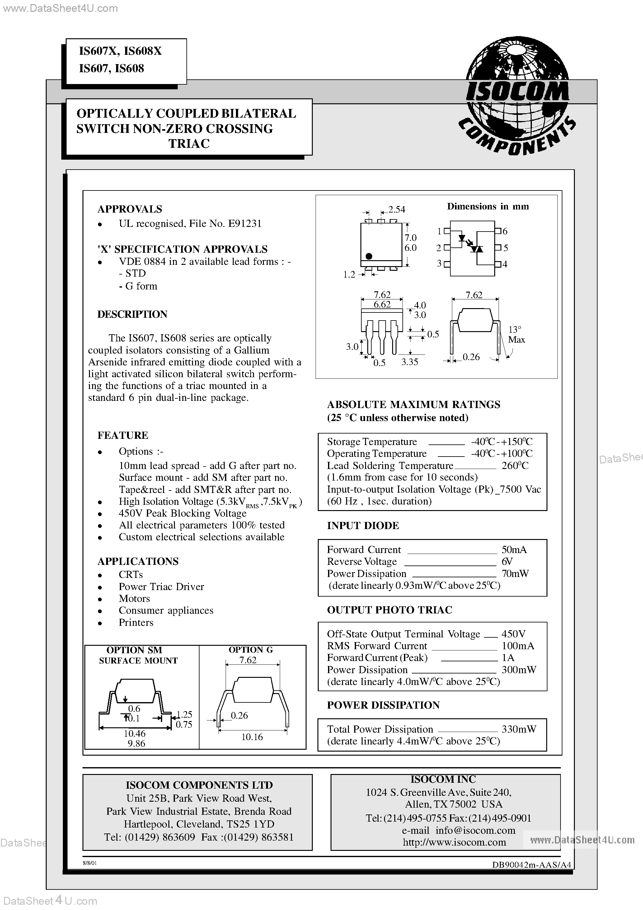 Datasheet IS607 - (IS607 / IS608) OPTICALLY COUPLED BILATERAL SWITCH NON-ZERO CROSSING TRIAC page 1