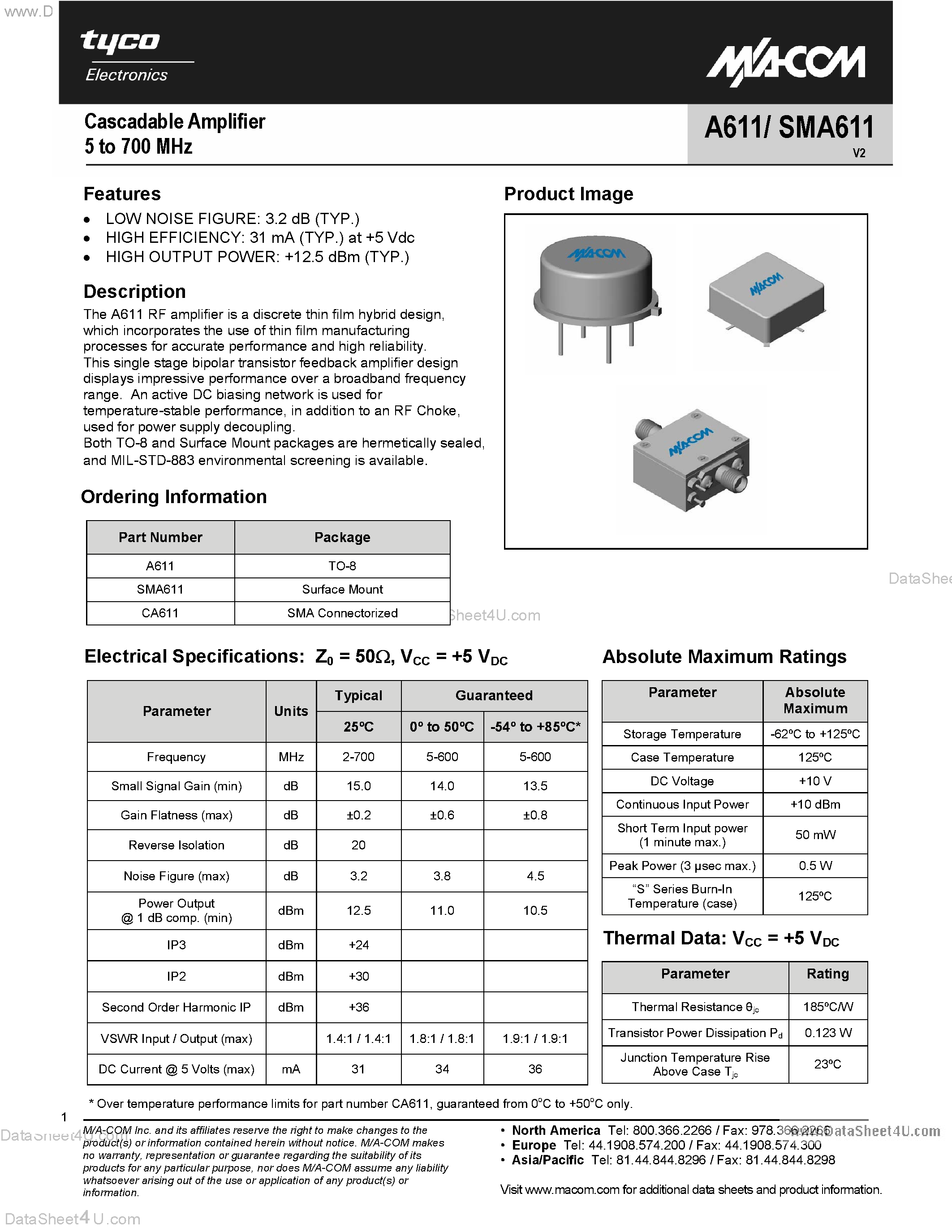 Datasheet CA611 - Cascadable Amplifier 5 to 700 MHz page 1