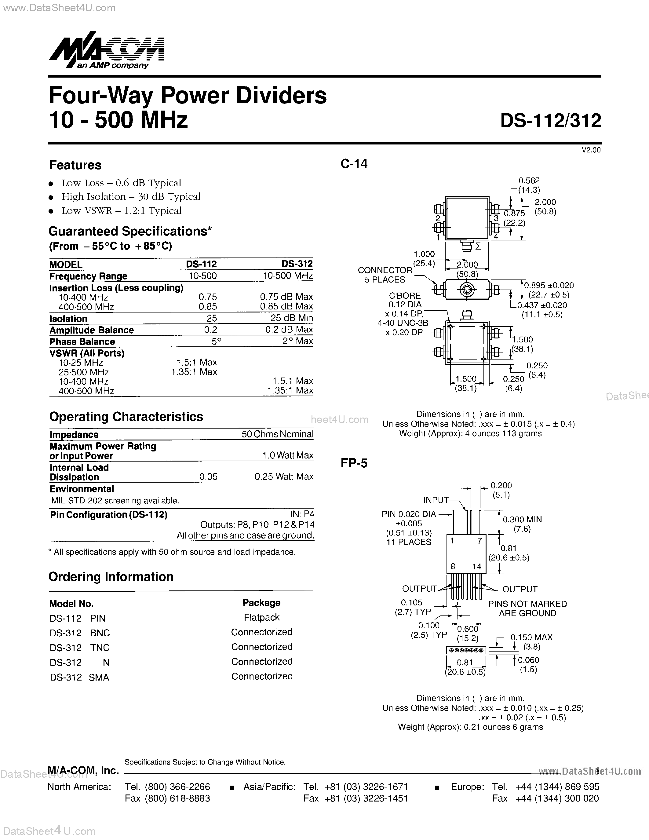 Datasheet DS-112 - (DS-112 / DS-312) Four-Way Power Dividers 10 - 500 MHz page 1