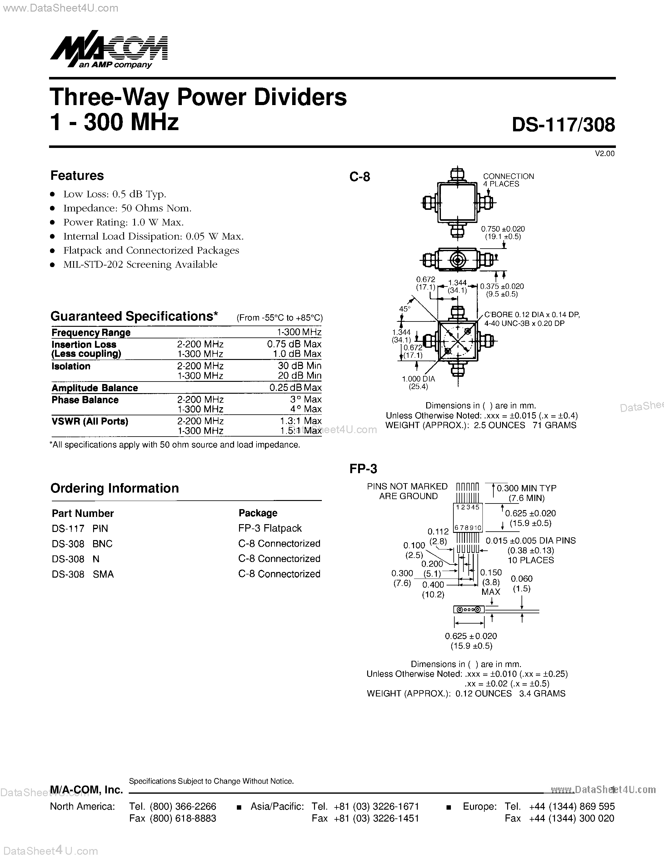Даташит на микросхему DS-117 страница 1 Даташит DS-117 - (DS-117 / DS-308) Three-Way Power Dividers 1 - 300 MHz страница 1