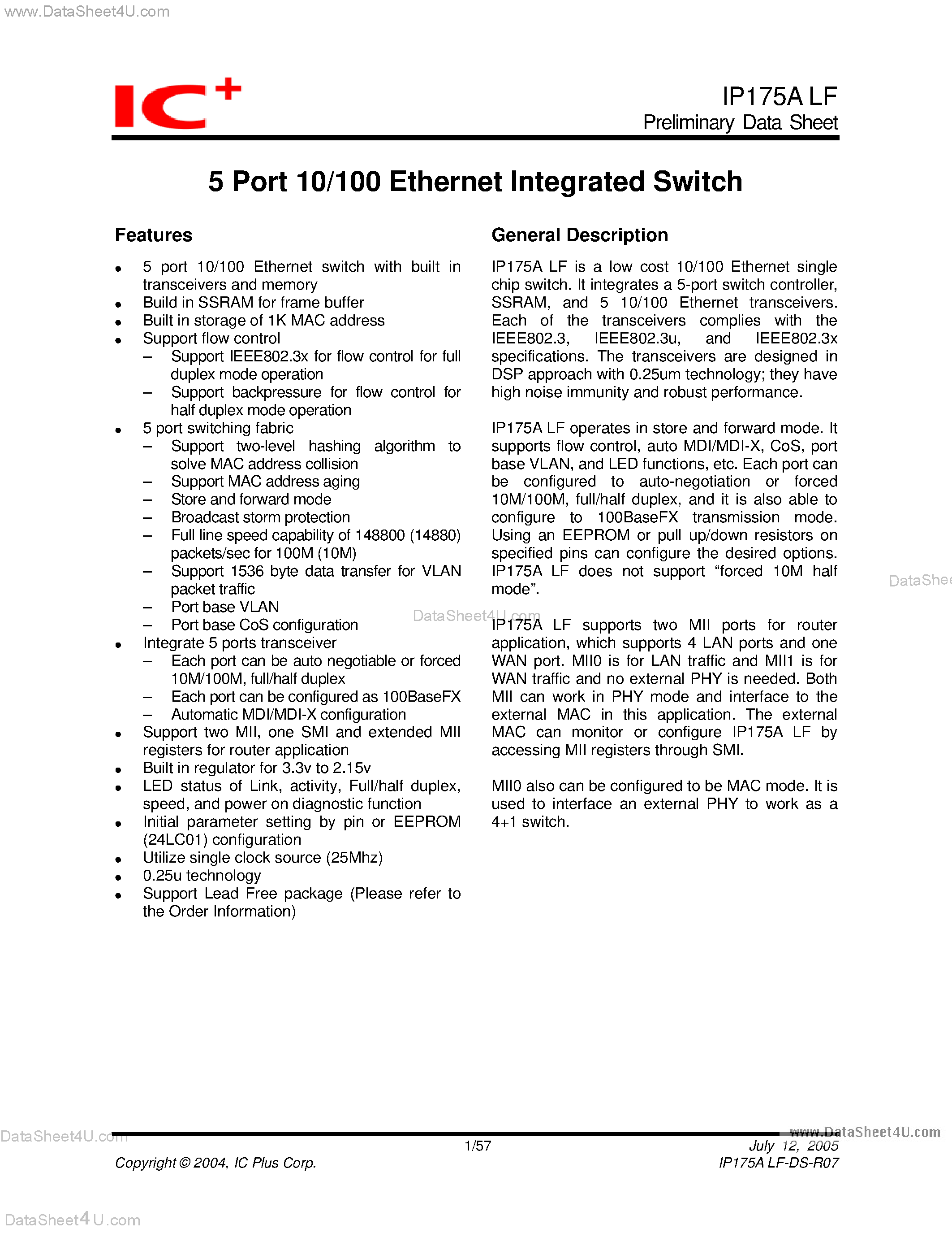 Даташит на микросхему IP175A страница 1 Даташит IP175A - 5 Port 10/100 Ethernet Integrated Switch страница 1