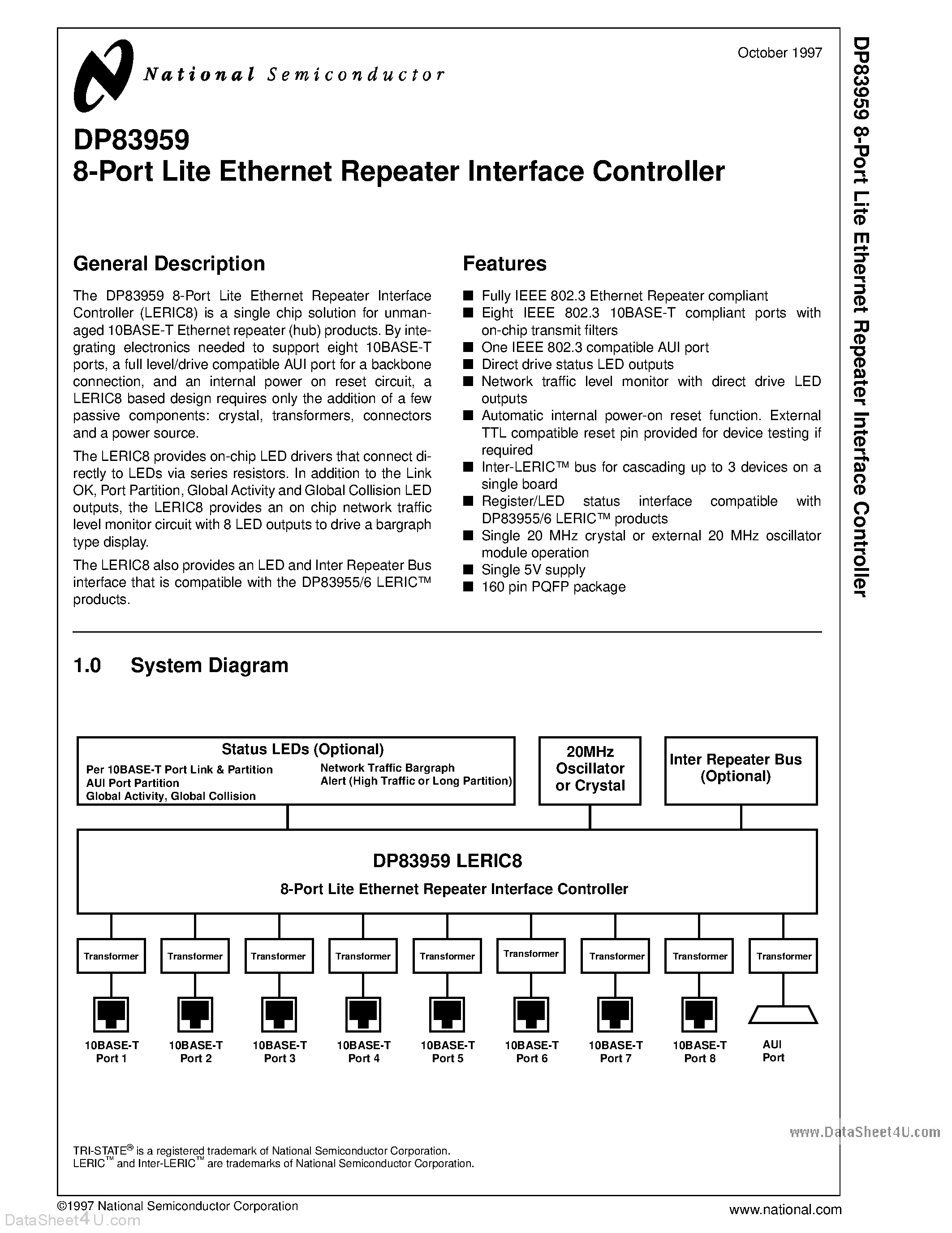 Datasheet DP83959 page 1 Datasheet DP83959 - 8-Port Lite Ethernet Repeater Interface Controller page 1