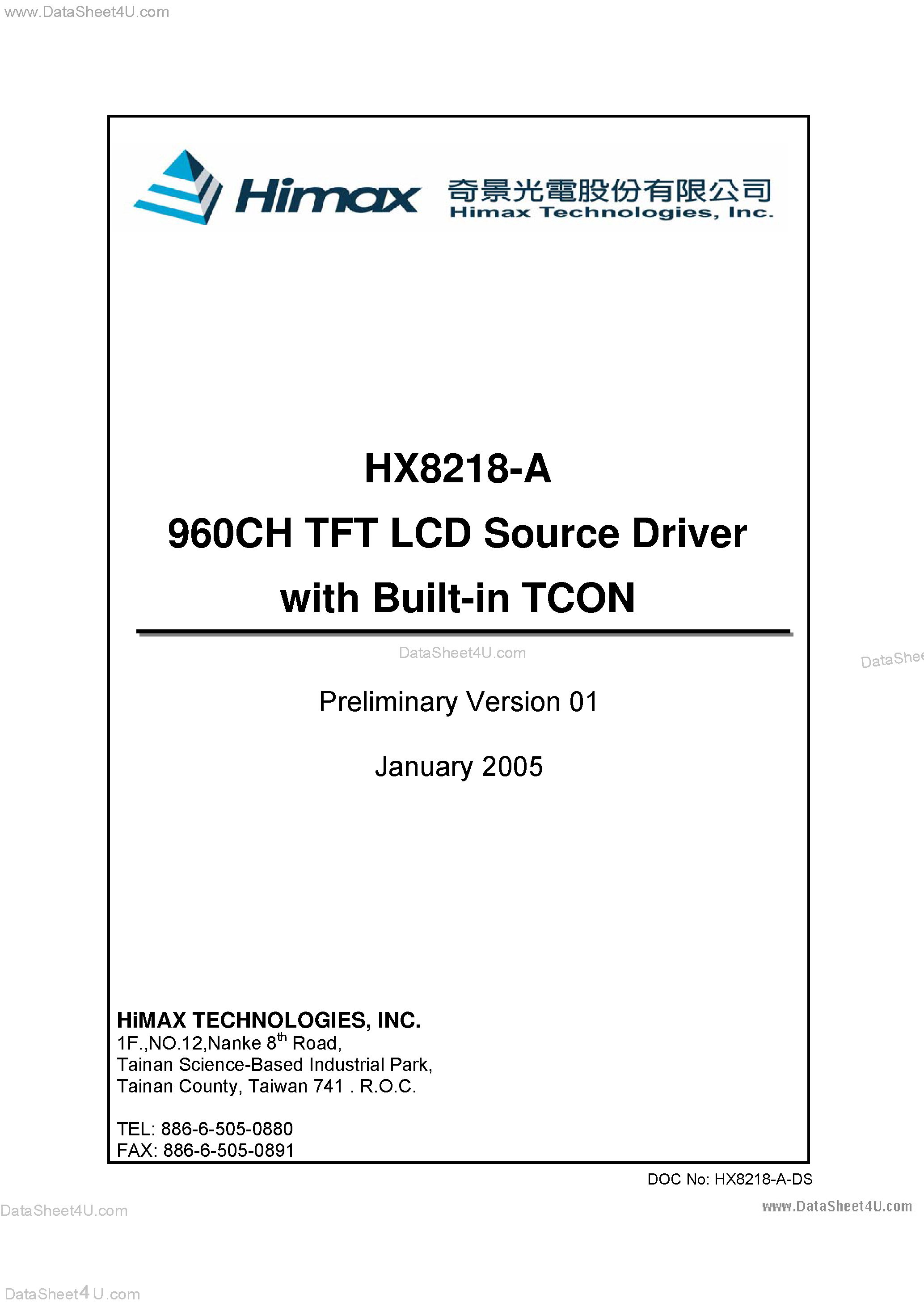 Datasheet HX8218-A - TFT LCD Source Driver page 1