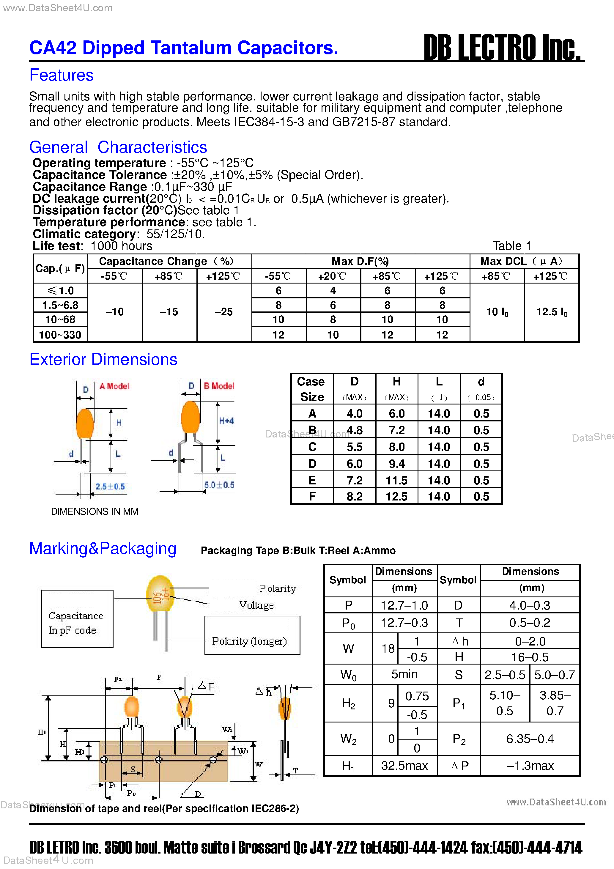 Datasheet CA42 page 1 Datasheet CA42 - CA42 Dipped Tantalum Capacitors page 1