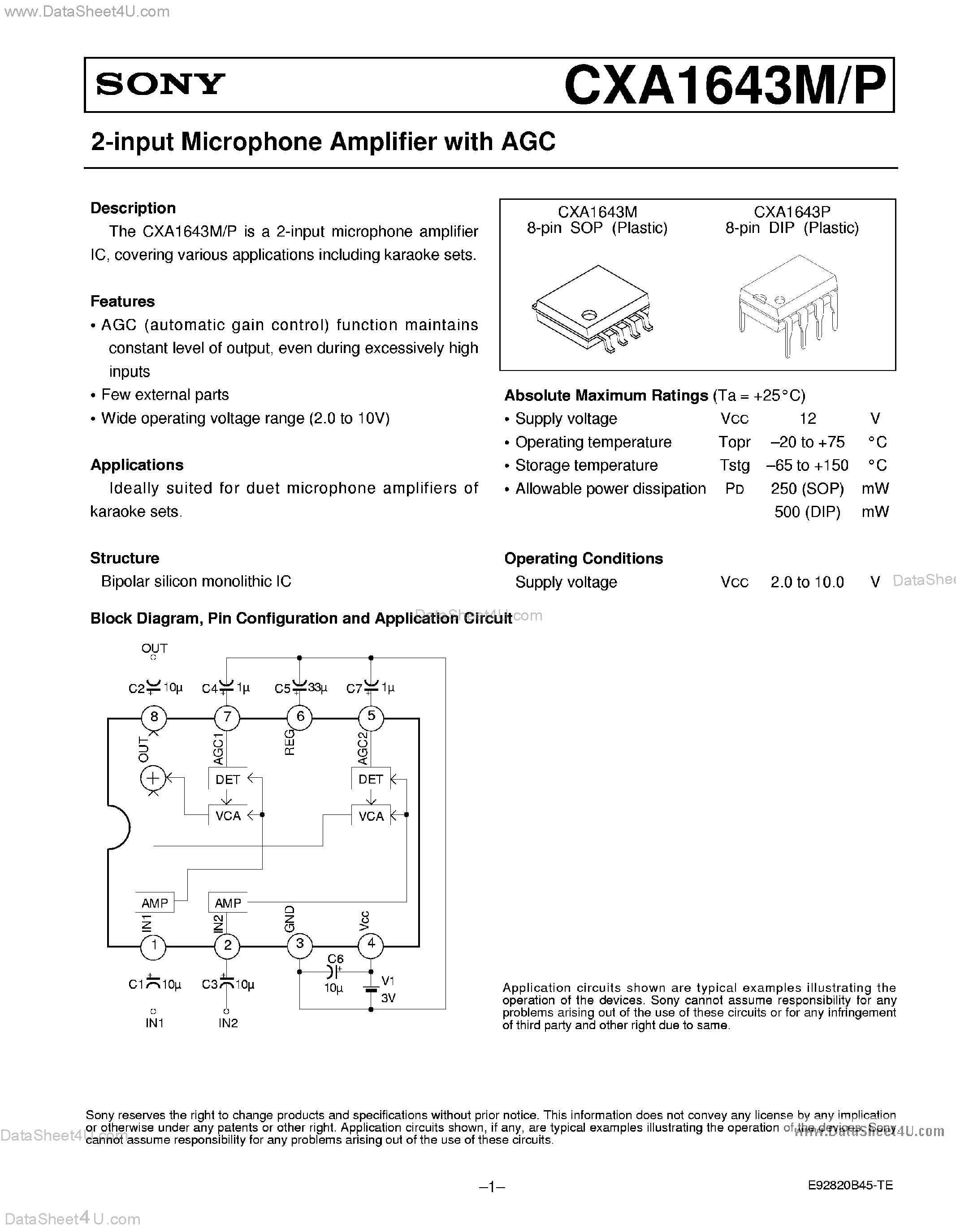 Datasheet CXA1643P - 2-Input Microphone Amplifier page 1