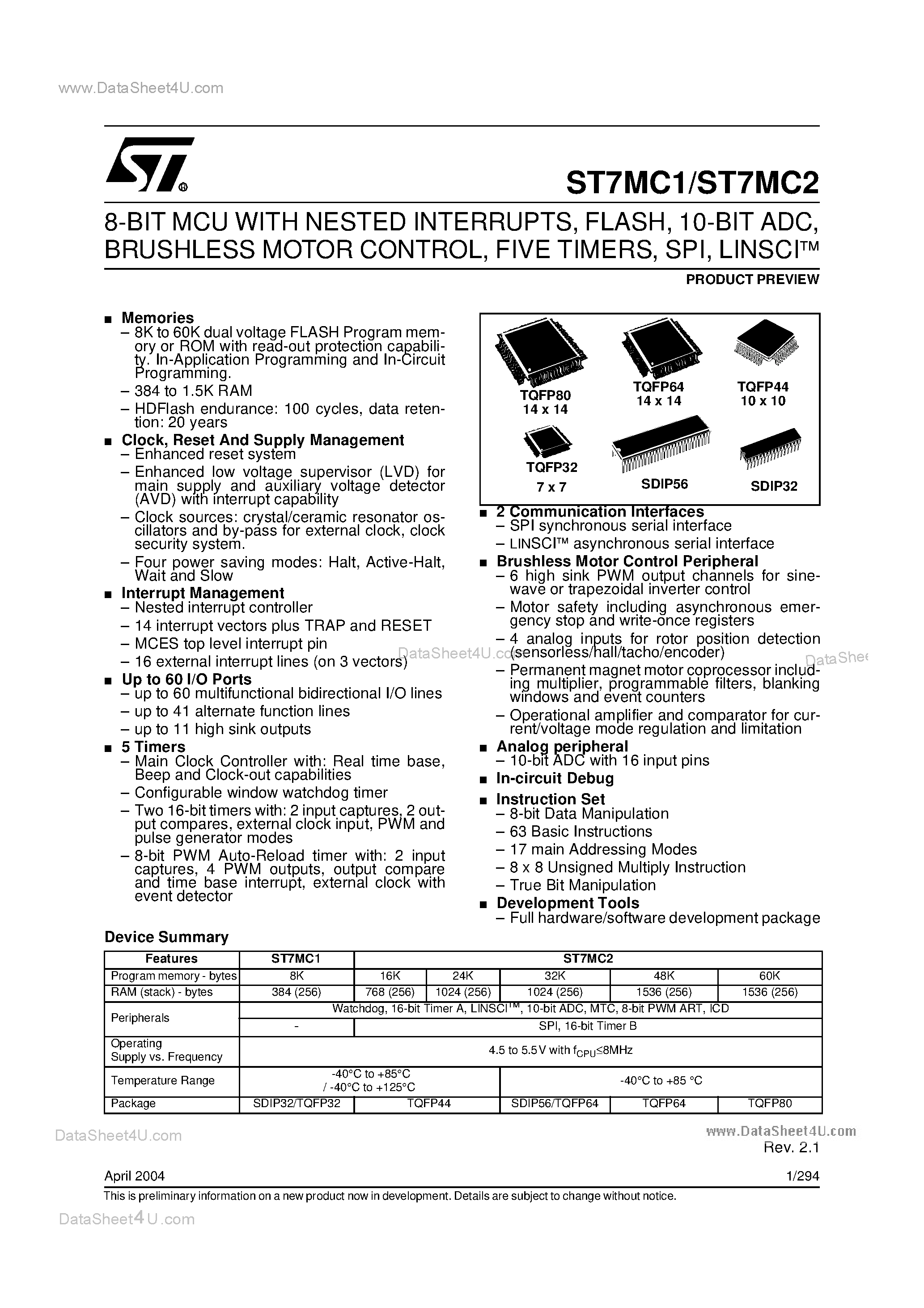 Datasheet ST7MC1 page 1 Datasheet ST7MC1 - (ST7MC1 / ST7MC2) 8-BIT MCU page 1