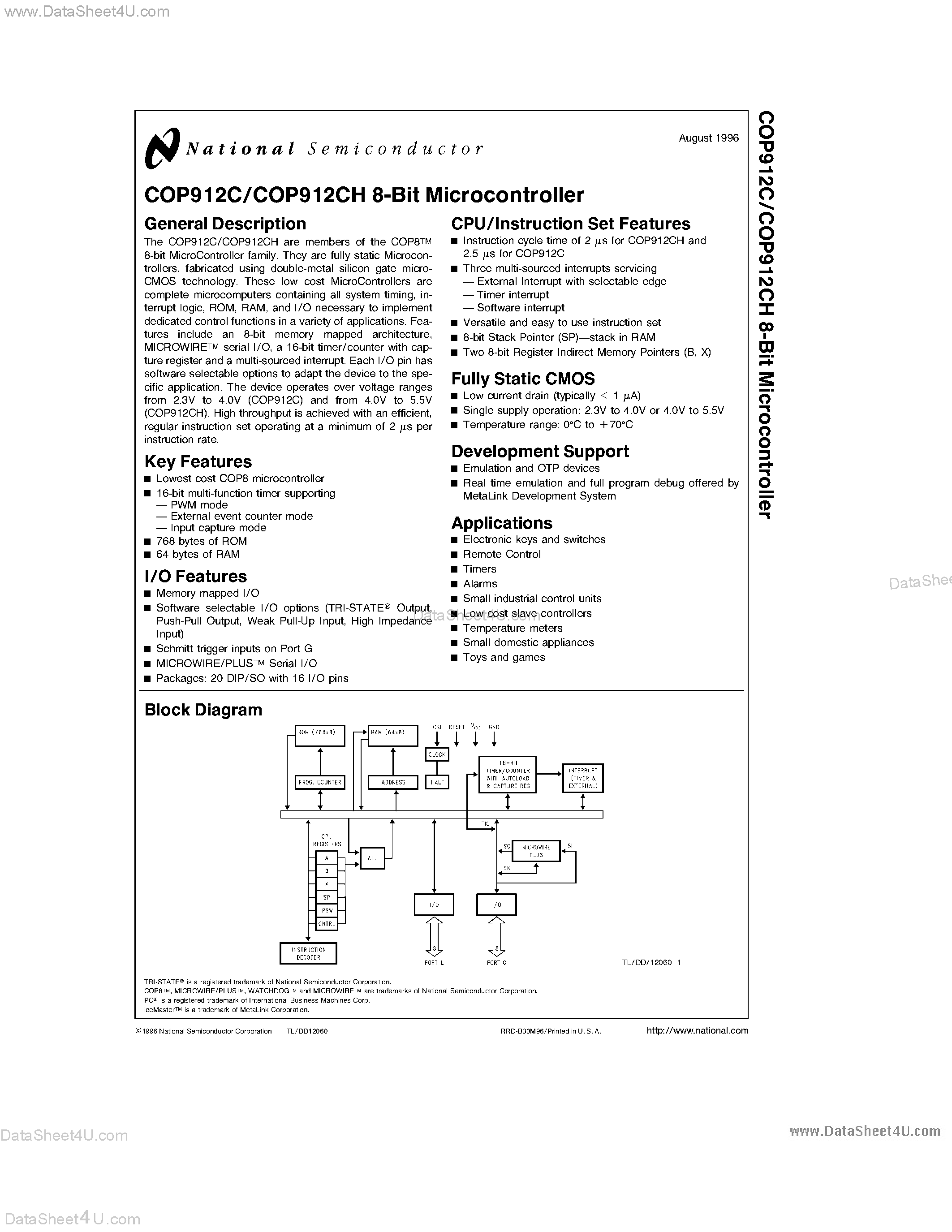 Даташит на микросхему COPC912C страница 1 Даташит COPC912C - 8-Bit Microcontroller страница 1