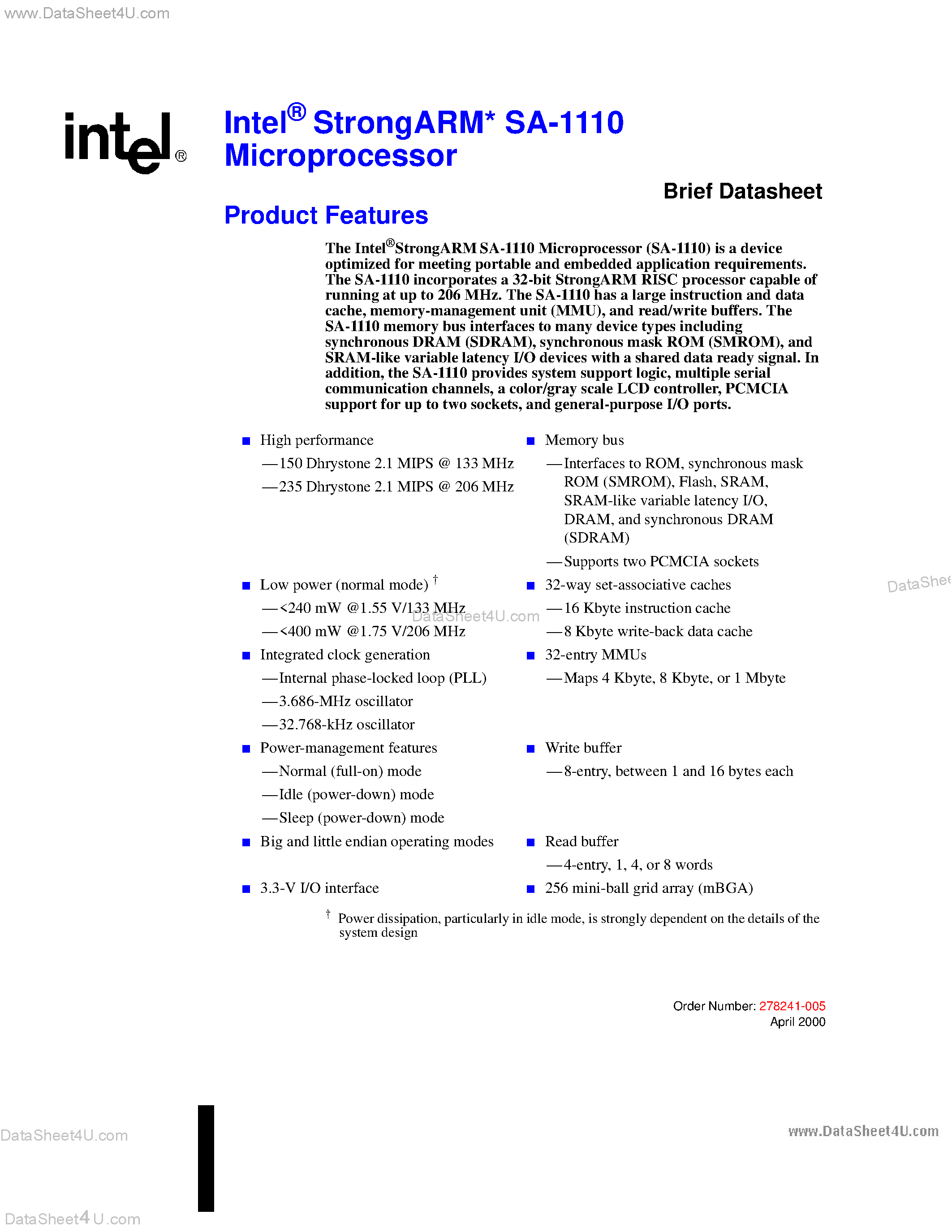 Даташит SA-1110 - Intel-R StrongARM SA-1110 Microprocessor страница 1