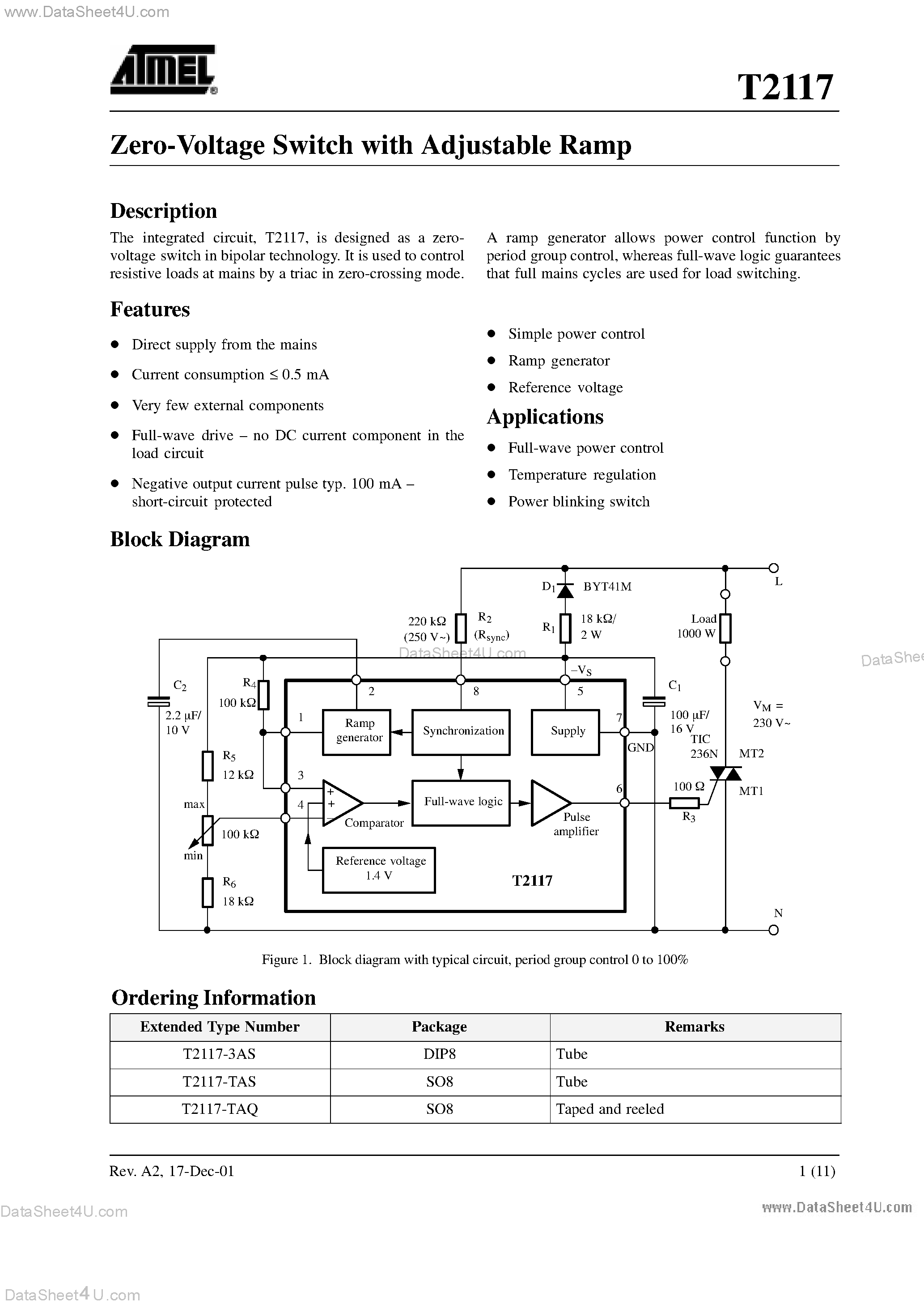Datasheet T2117 page 1 Datasheet T2117 - Zero-Voltage Switch with Adjustable Ramp page 1