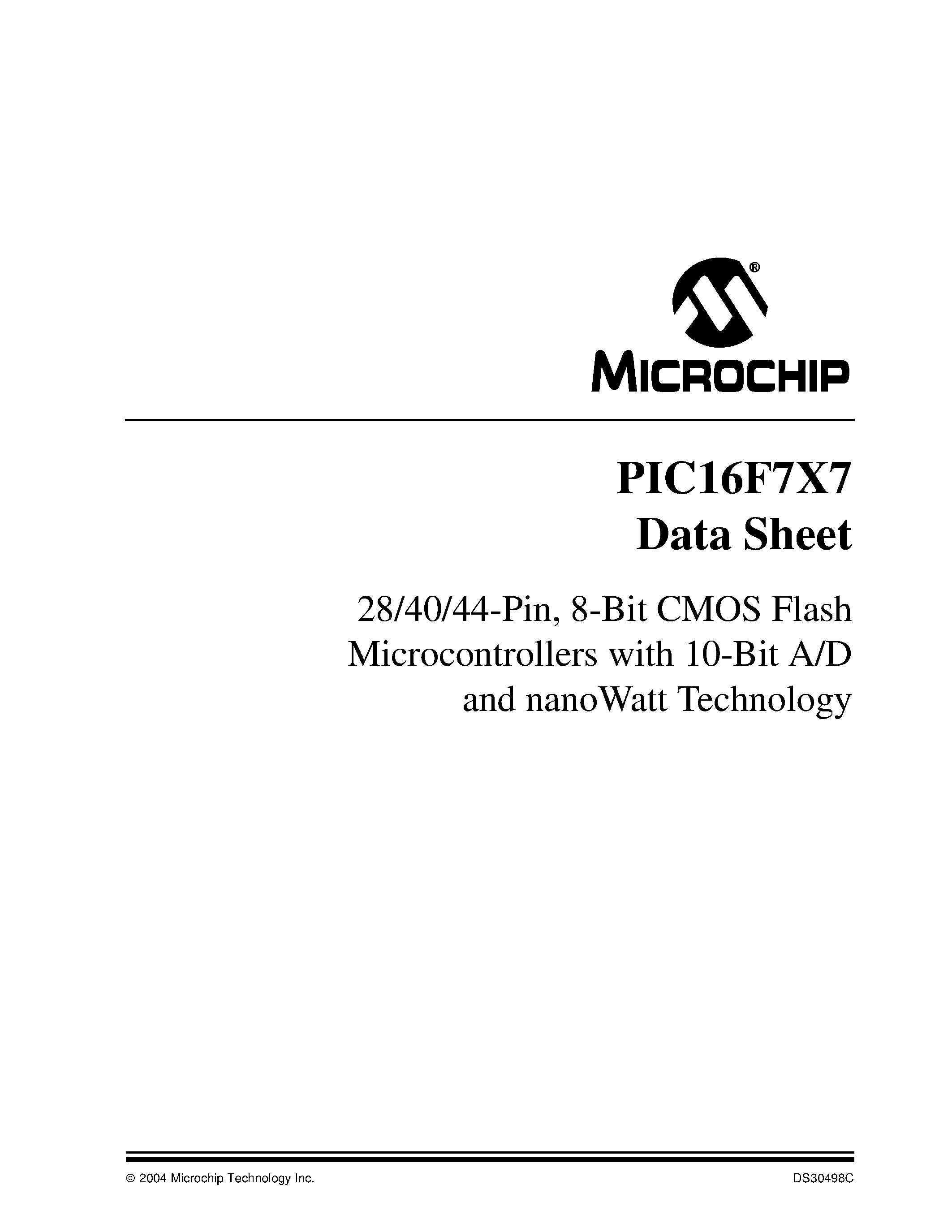 Даташит PIC16F767 - (PIC16F7x7) 28/40/44-Pin / 8-Bit CMOS Flash Microcontrollers with 10-Bit A/D and nanoWatt Technology страница 1