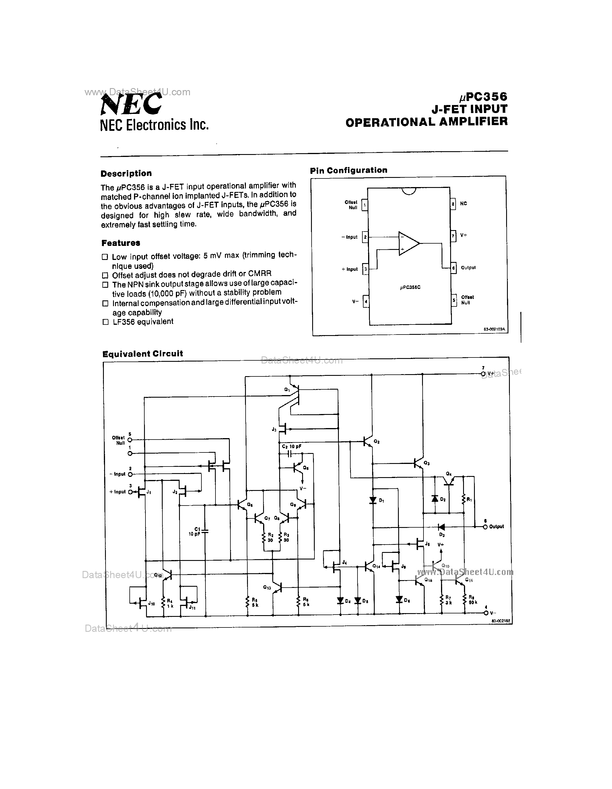 Datasheet UPC356 - J-FET Input Operational Amplifier page 1