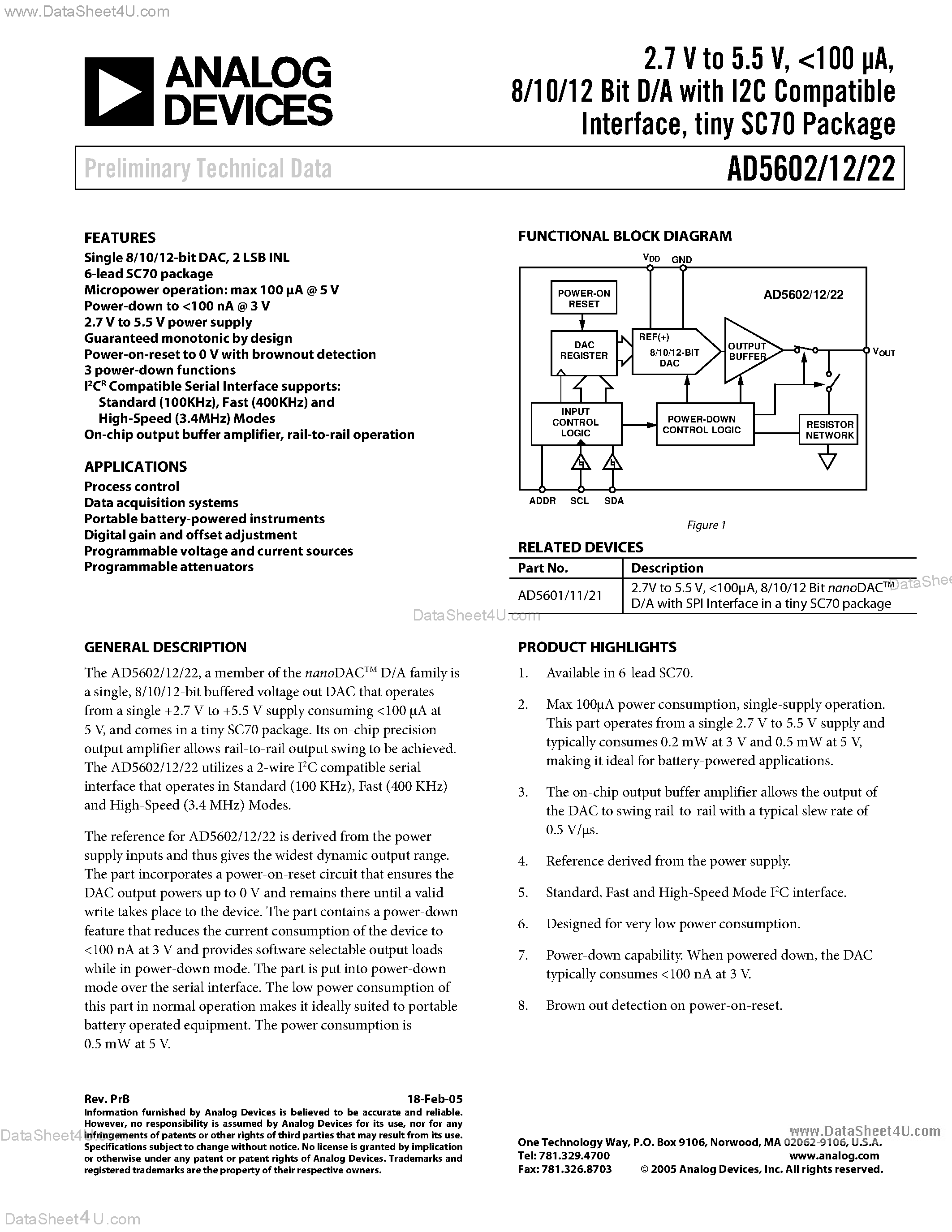 Datasheet AD5602 page 1 Datasheet AD5602 - (AD5602 - AD5622) D/A page 1