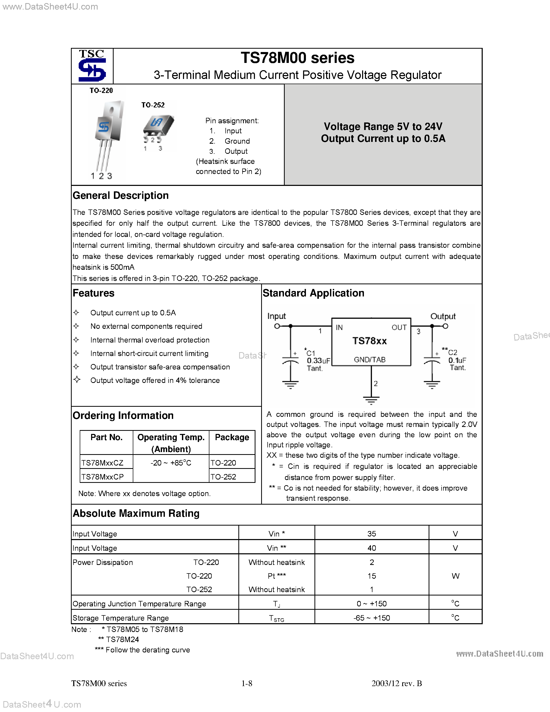 Datasheet TS78M00 - (TS78M00 Series) 3-Terminal Medium Current Positive Voltage Regulator page 1