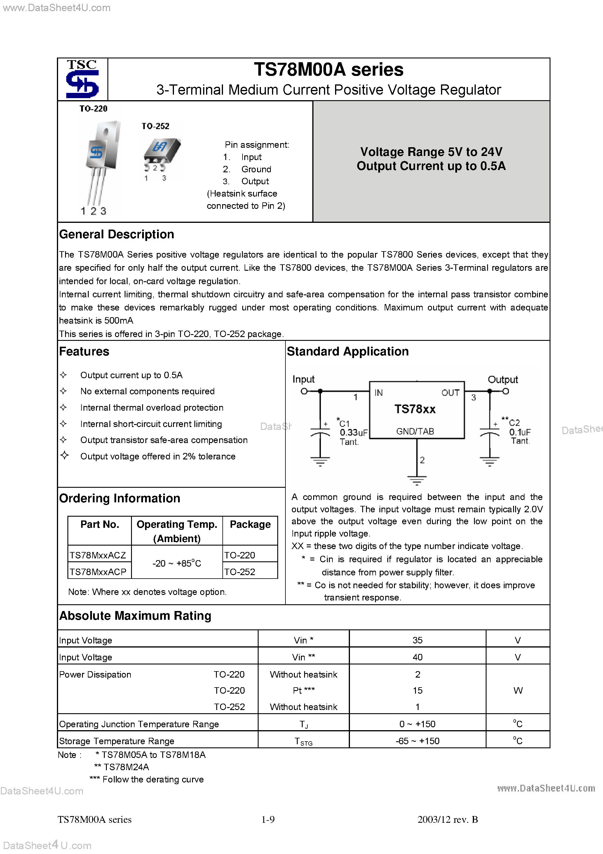 Datasheet TS78M00A - (TS78M00A Series) 3-Terminal Medium Current Positive Voltage Regulator page 1