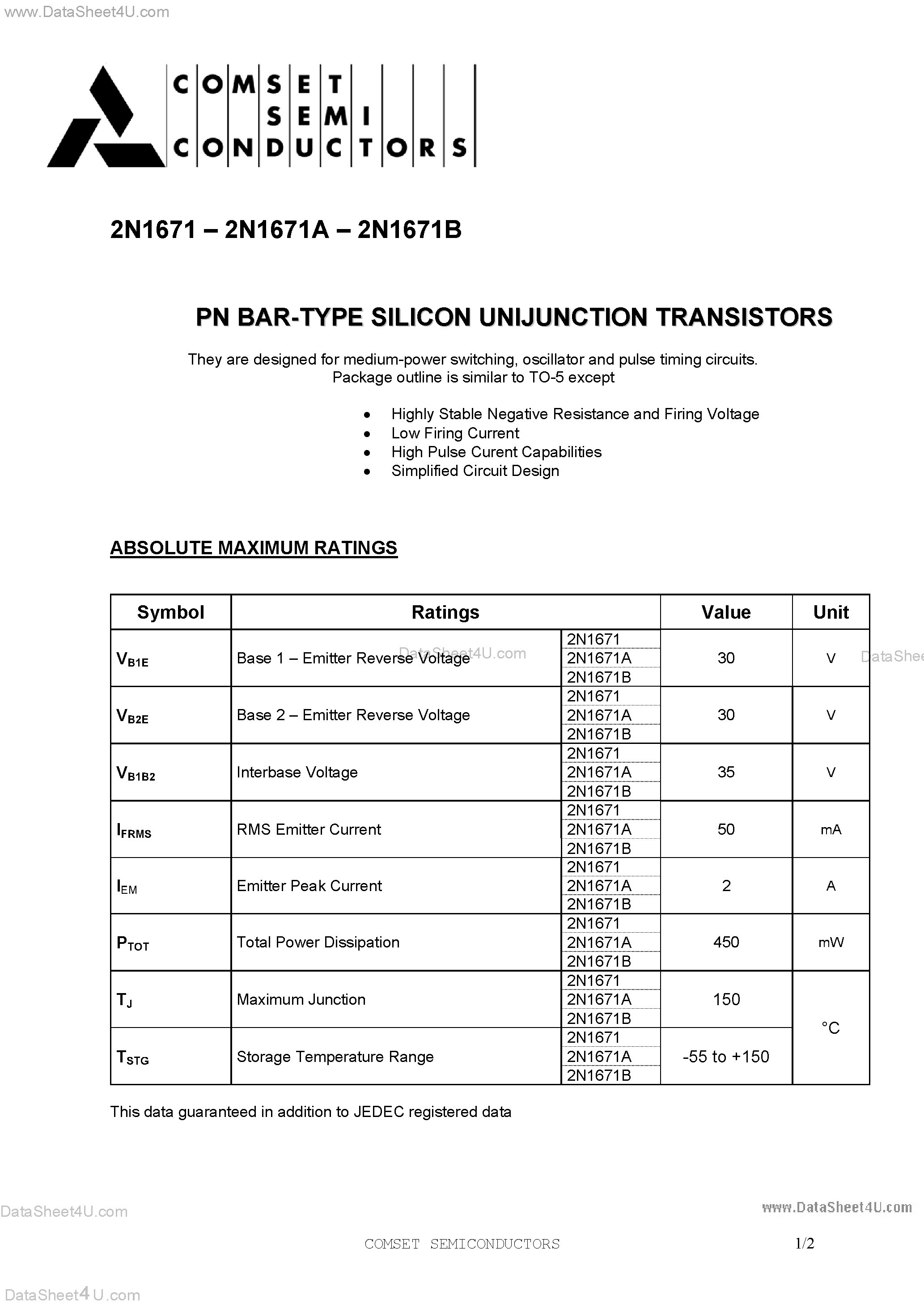 Datasheet 2N1671 - Silicon Unijunction Transistors page 1