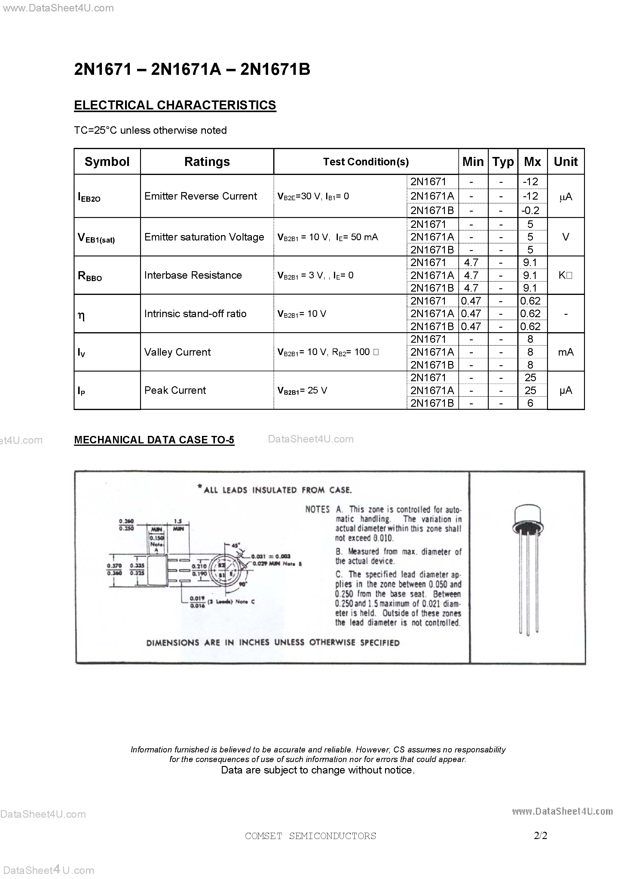 Datasheet 2N1671 - Silicon Unijunction Transistors page 2