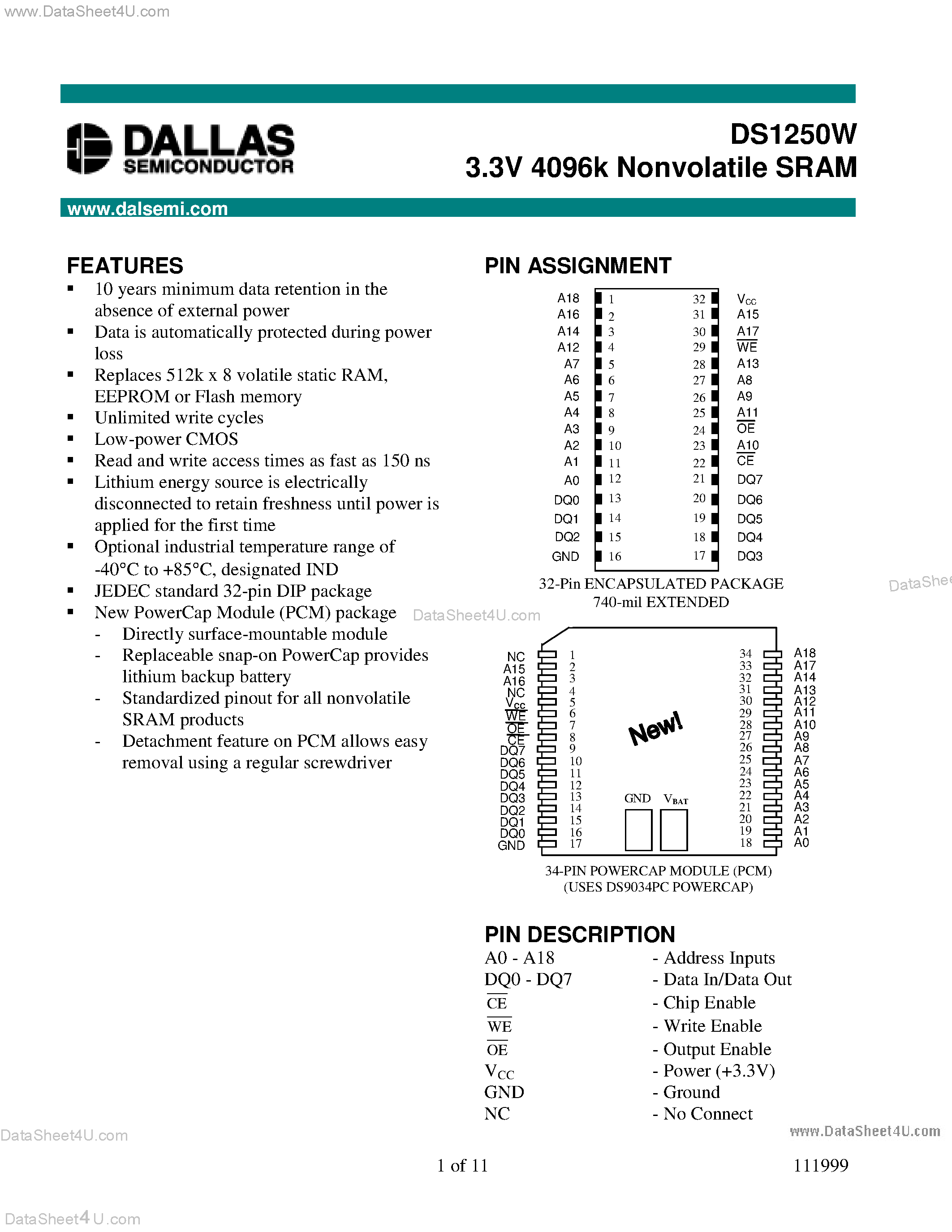 Datasheet DS1250W - 3.3V 4096k Nonvolatile SRAM page 1