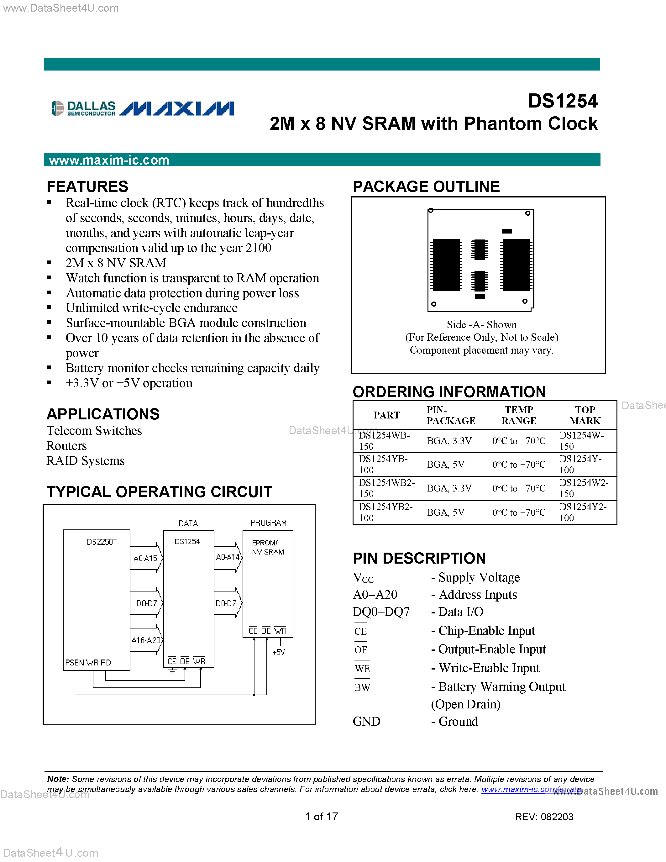 Даташит на микросхему DS1254 страница 1 Даташит DS1254 - 2M x 8 NV SRAM with Phantom Clock страница 1