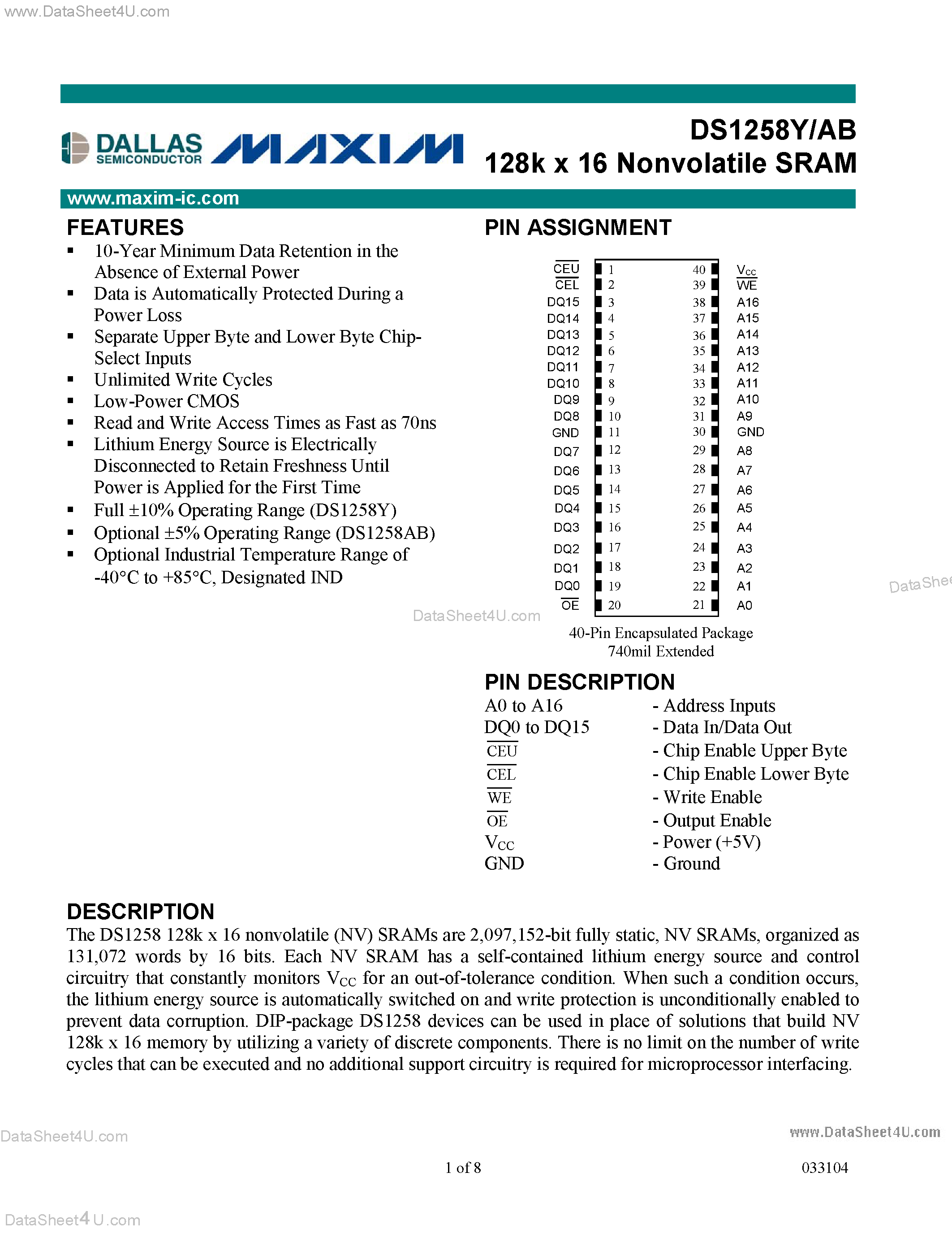 Даташит на микросхему DS1258AB страница 1 Даташит DS1258AB - 128k x 16 Nonvolatile SRAM страница 1