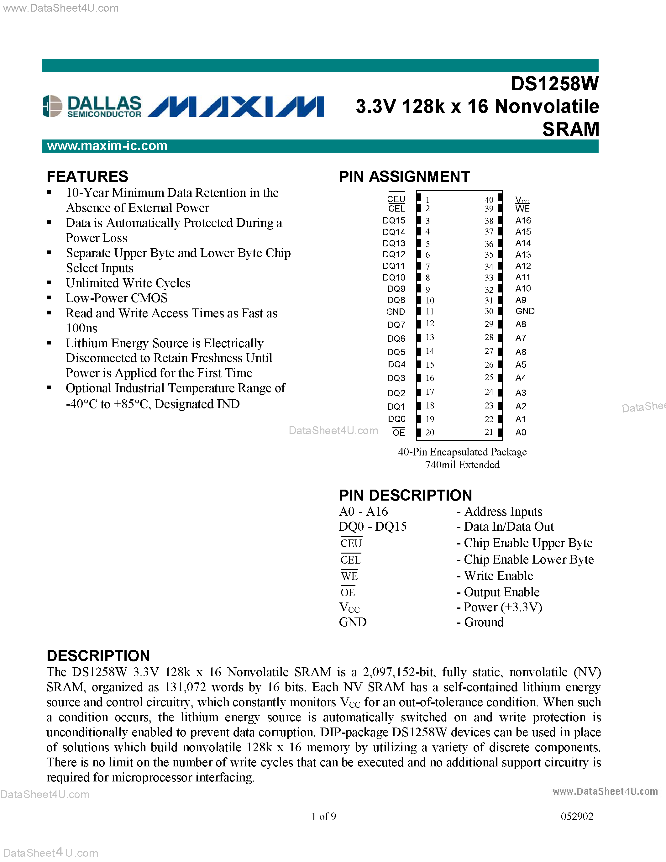 Datasheet DS1258W page 1 Datasheet DS1258W - 3.3V 128k x 16 Nonvolatile page 1