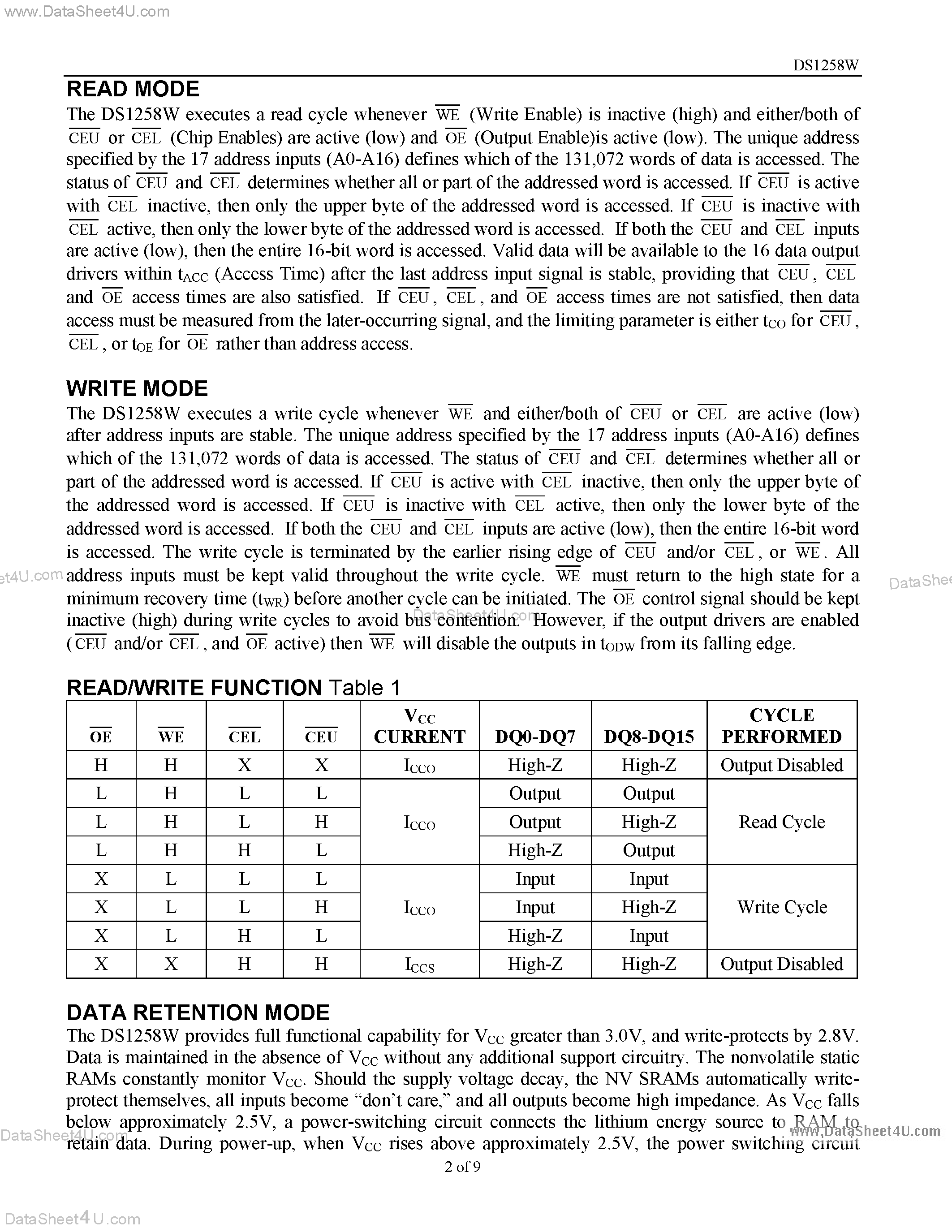 Datasheet DS1258W page 2 Datasheet DS1258W - 3.3V 128k x 16 Nonvolatile page 2