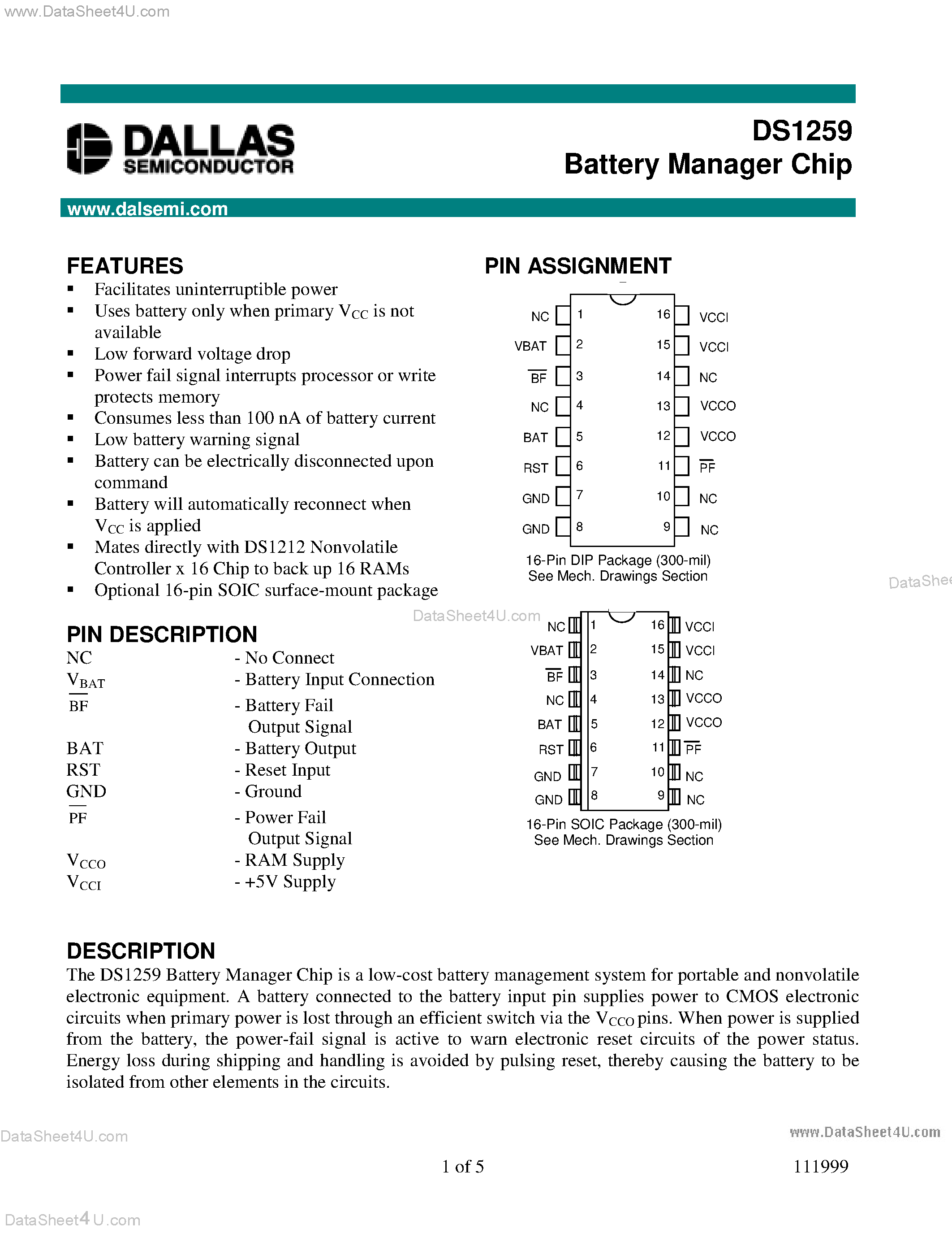 Datasheet DS1259 - Battery Manager Chip page 1