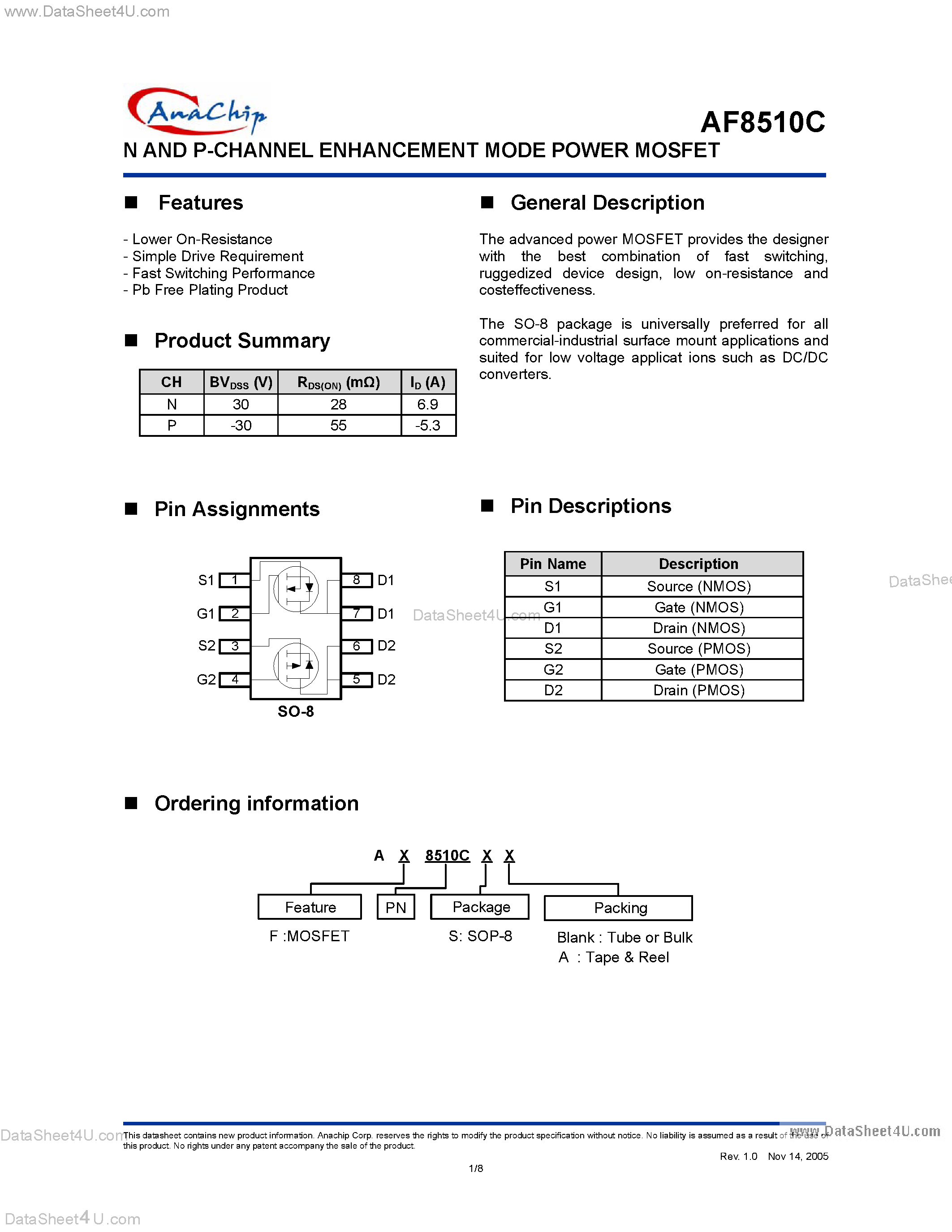 Datasheet AF8510C - N AND P-CHANNEL ENHANCEMENT MODE POWER MOSFET page 1