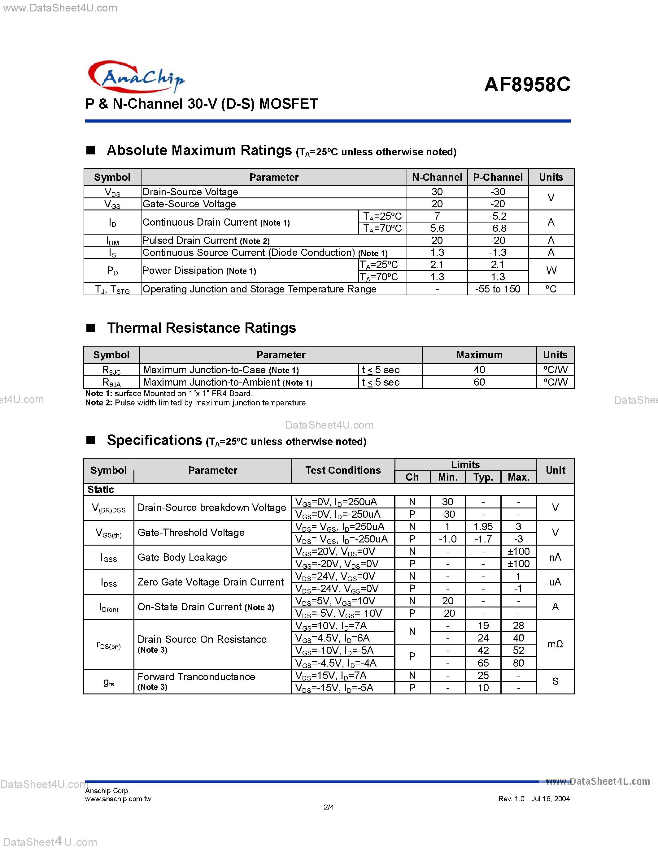 Datasheet AF8958C - P & N-Channel 30-V (D-S) MOSFET page 2