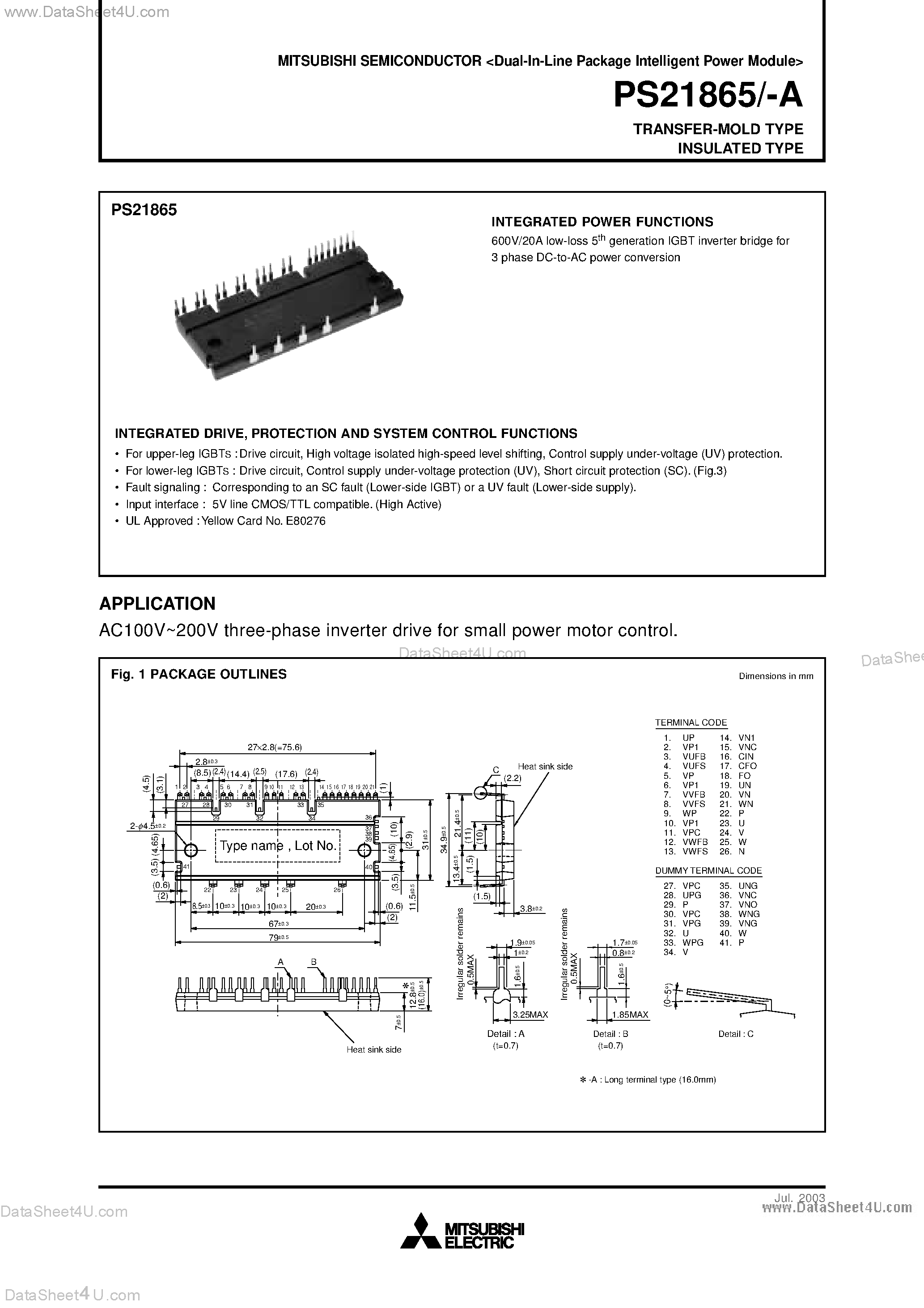 Datasheet PS21865 - IGBT POWER MODULE page 1