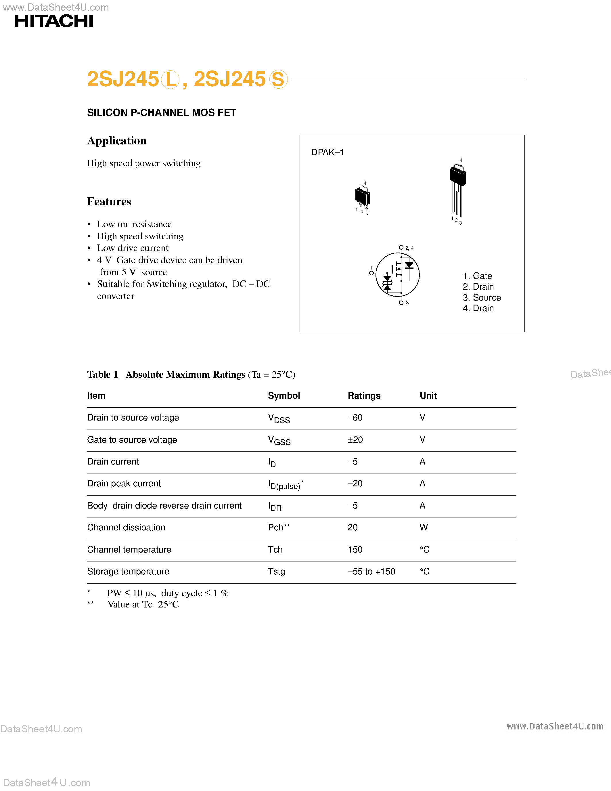 Datasheet 2SJ245 - SILICON P-CHANNEL MOS FET page 1