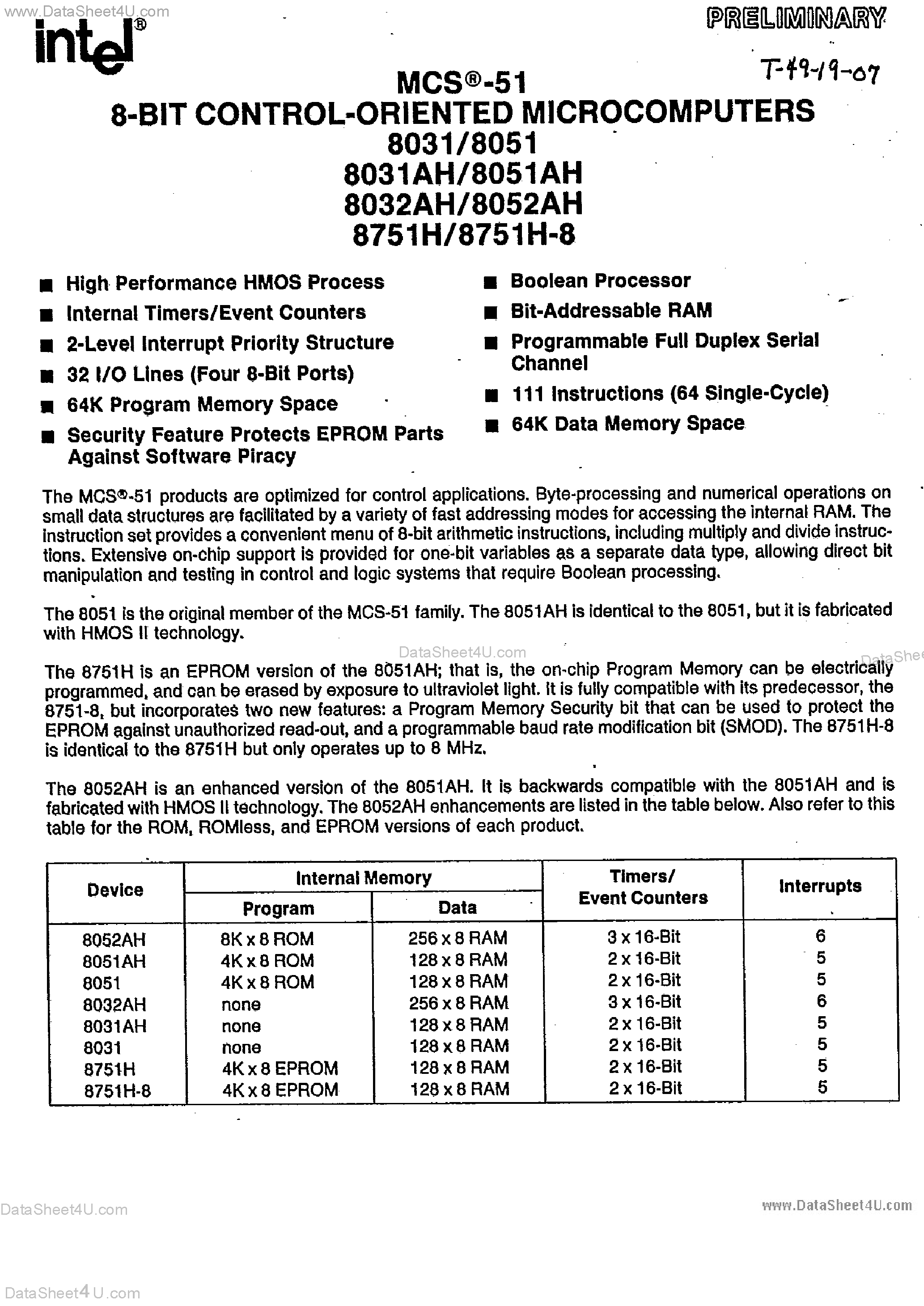 Datasheet 8051 - 8 BIT CONTROL ORIENTED MICROCOMPUTERS page 1