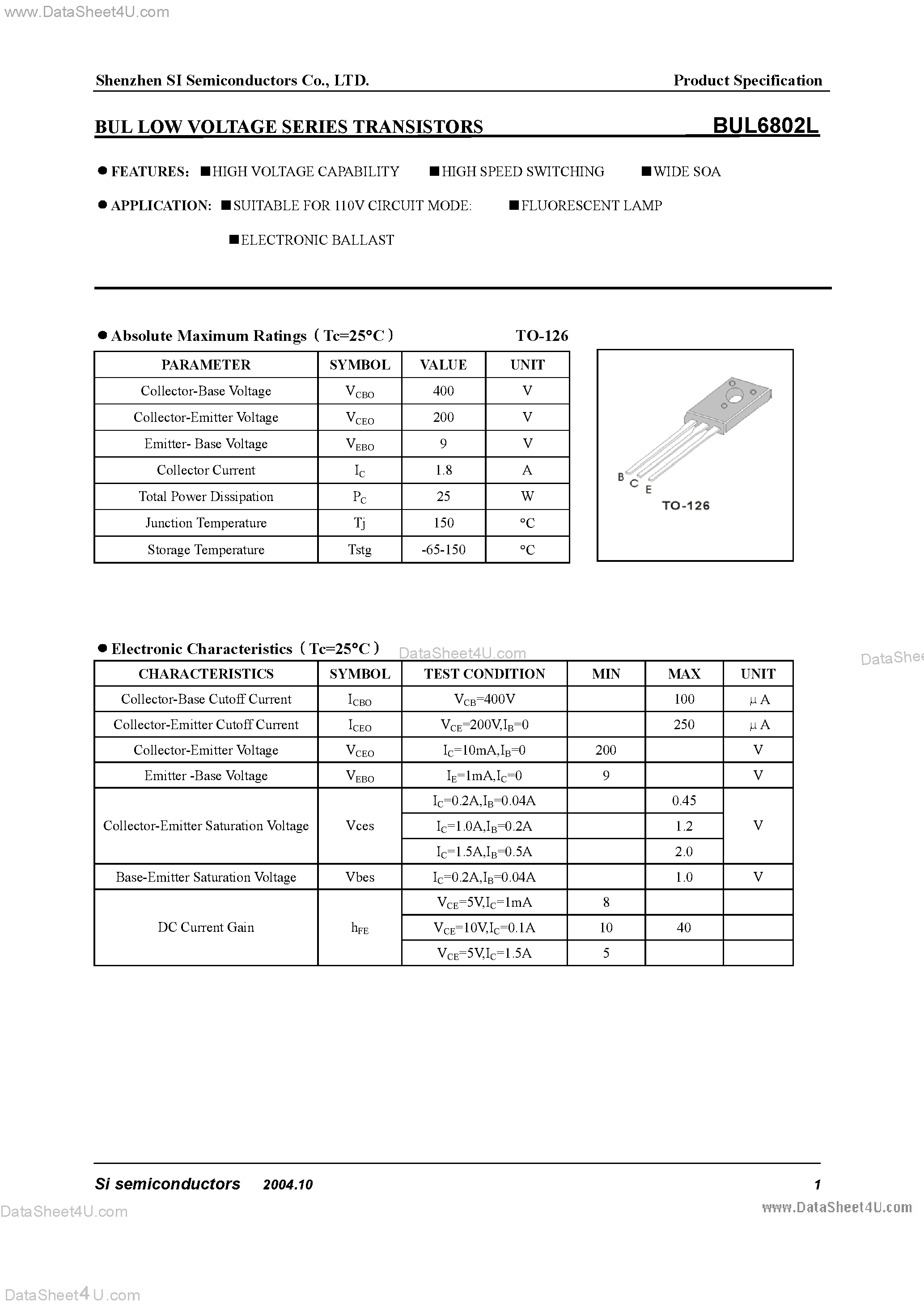 Даташит BUL6802L - Bul Low Voltage Series Transistors страница 1