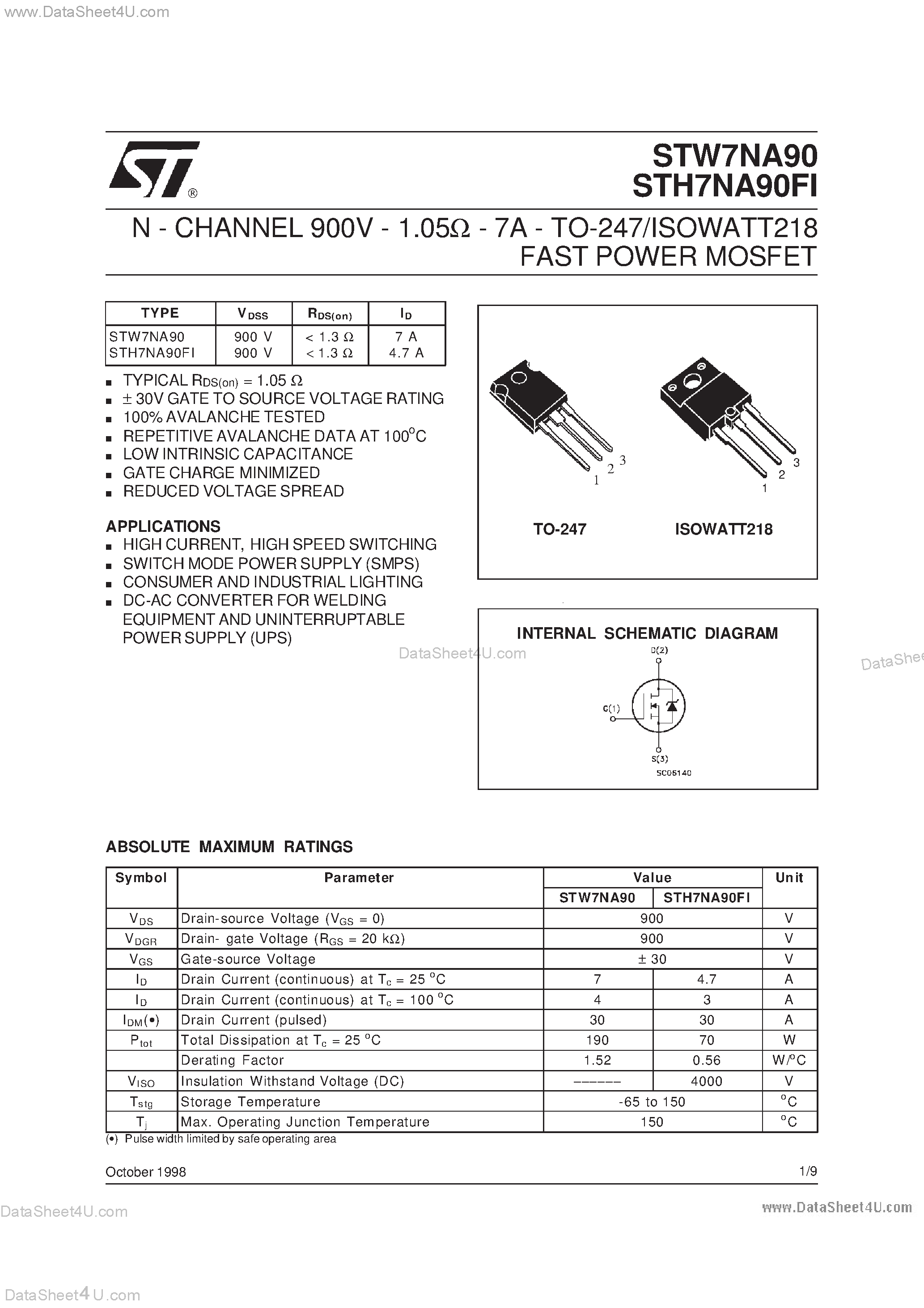 Datasheet STH7NA90FI - N - CHANNEL POWER MOSFET page 1