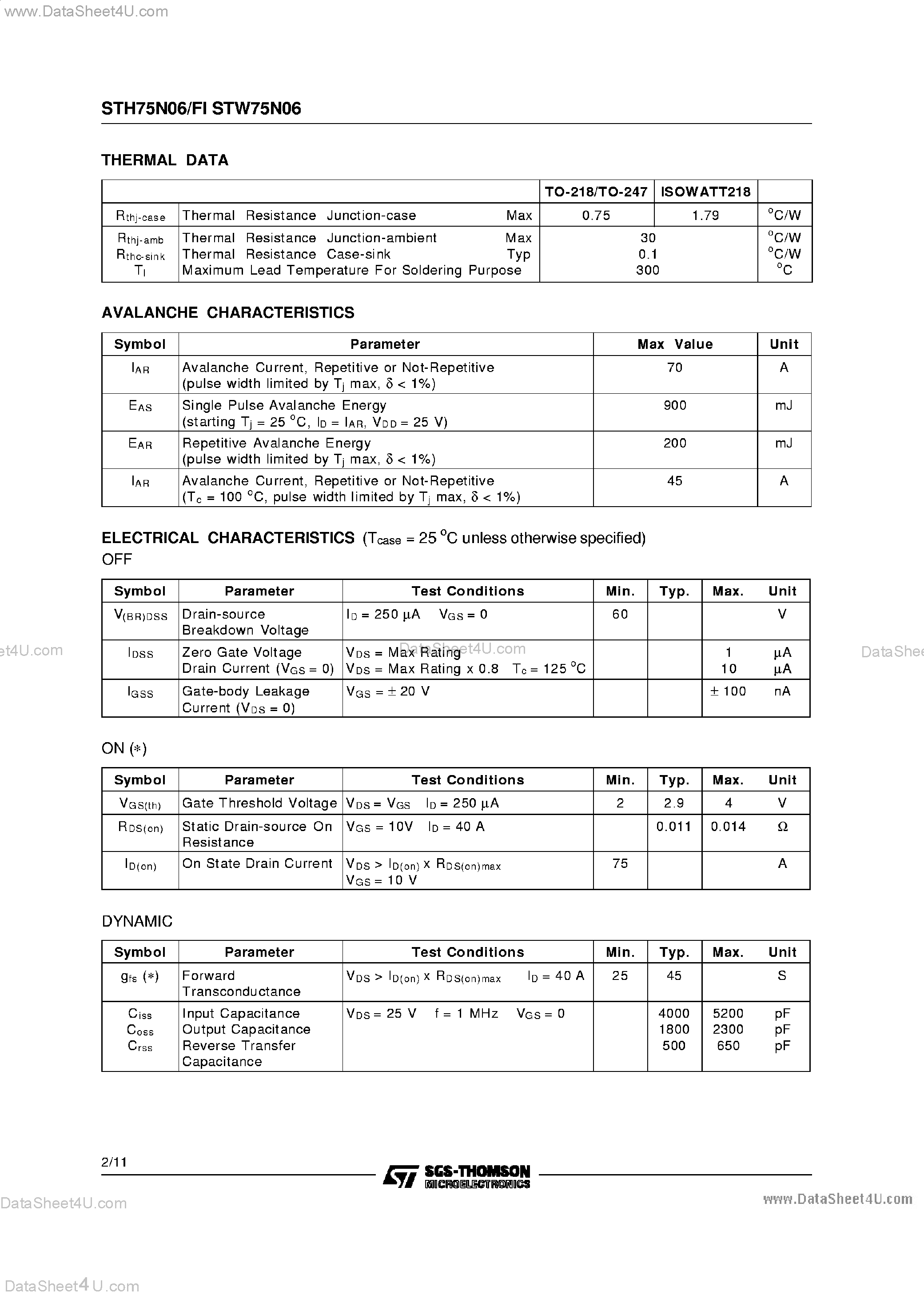 Datasheet STH75N06 page 2 Datasheet STH75N06 - N - CHANNEL ENHANCEMENT MODE POWER MOS TRANSISTORS page 2