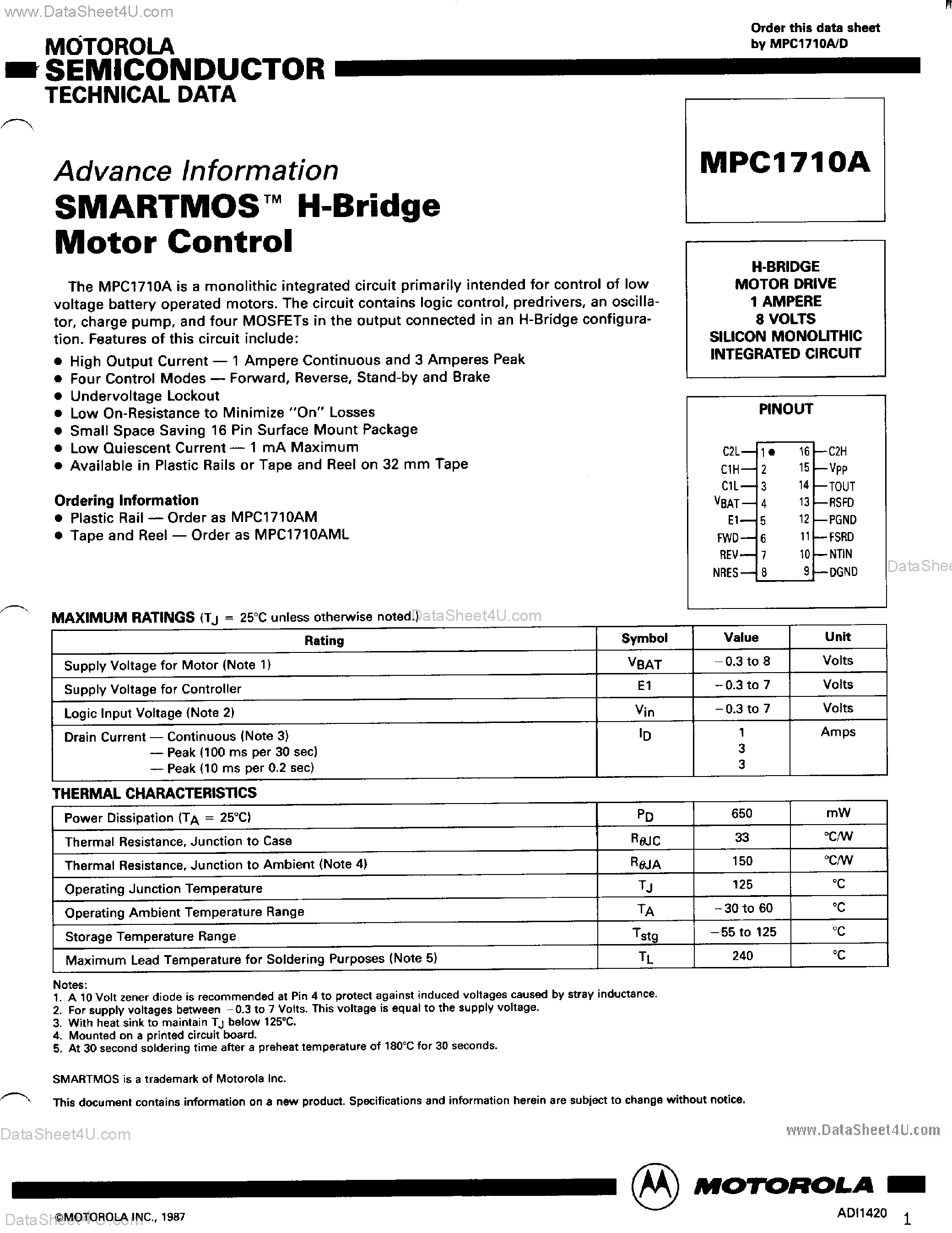 Datasheet MPC1710A page 1 Datasheet MPC1710A - Smart MOS H-Bridge Motor Control page 1