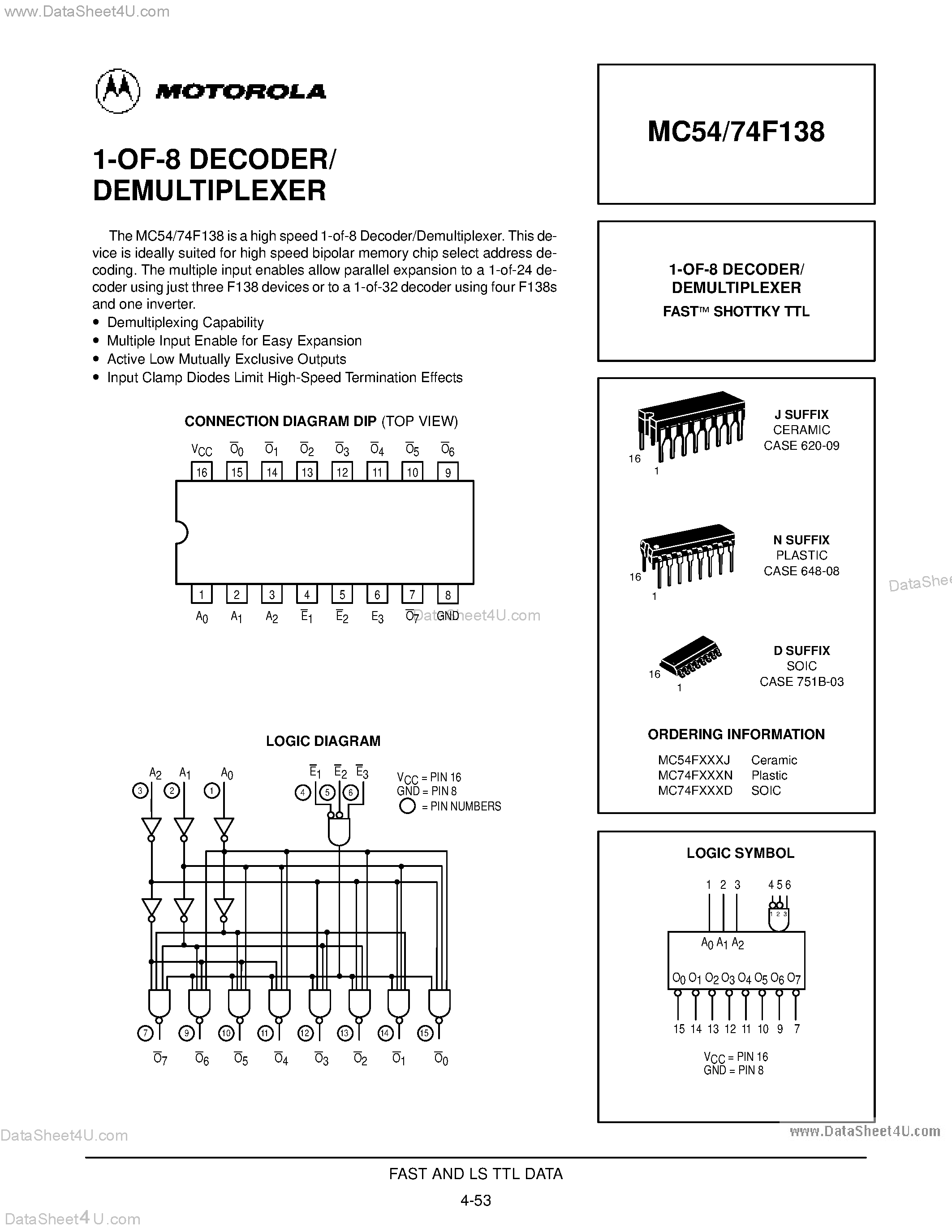Datasheet MC54F138 page 1 Datasheet MC54F138 - 1-OF-8 DECODER/ DEMULTIPLEXER page 1