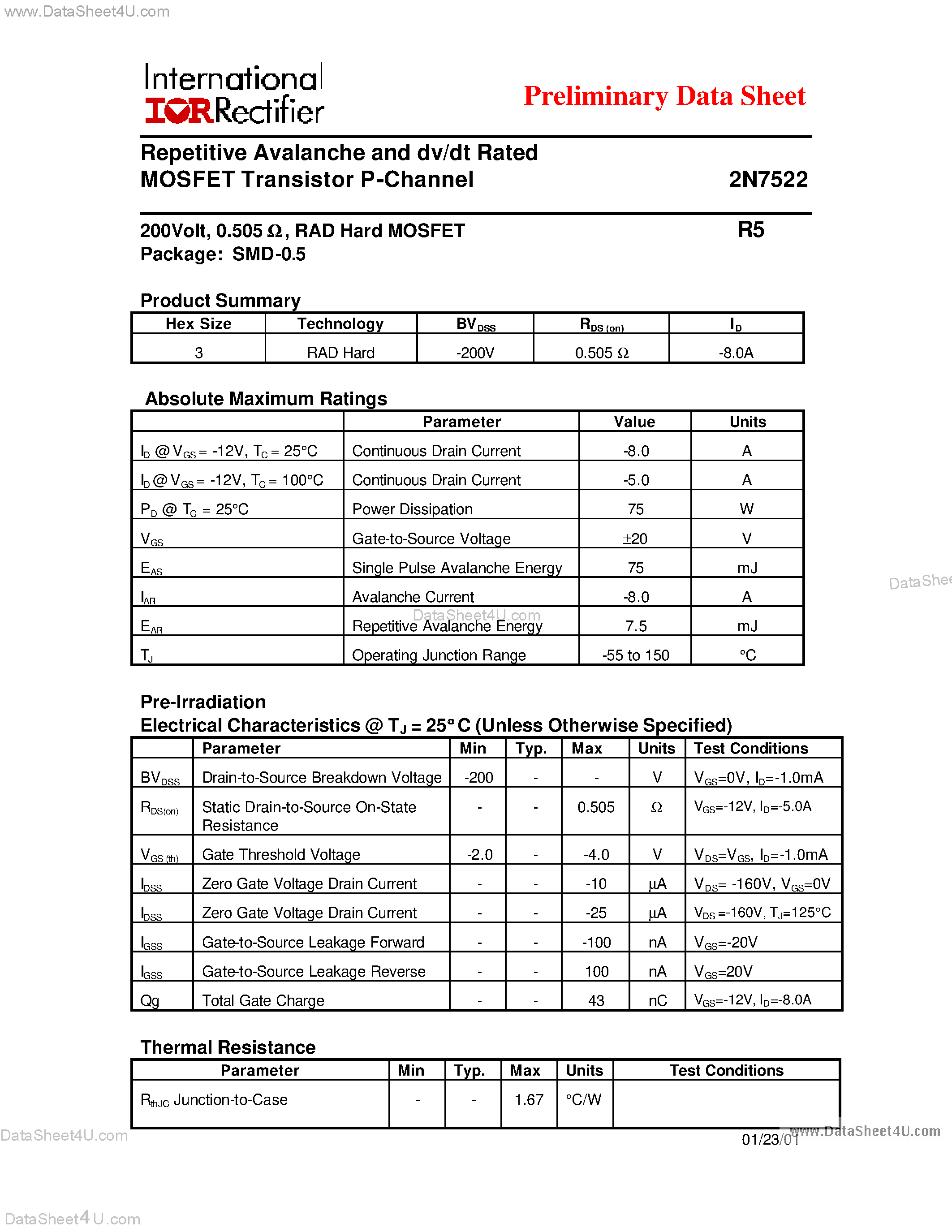 Datasheet 2N7522 - Repetitive Avalanche and dv/dt Rated MOSFET Transistor P-Channel page 1