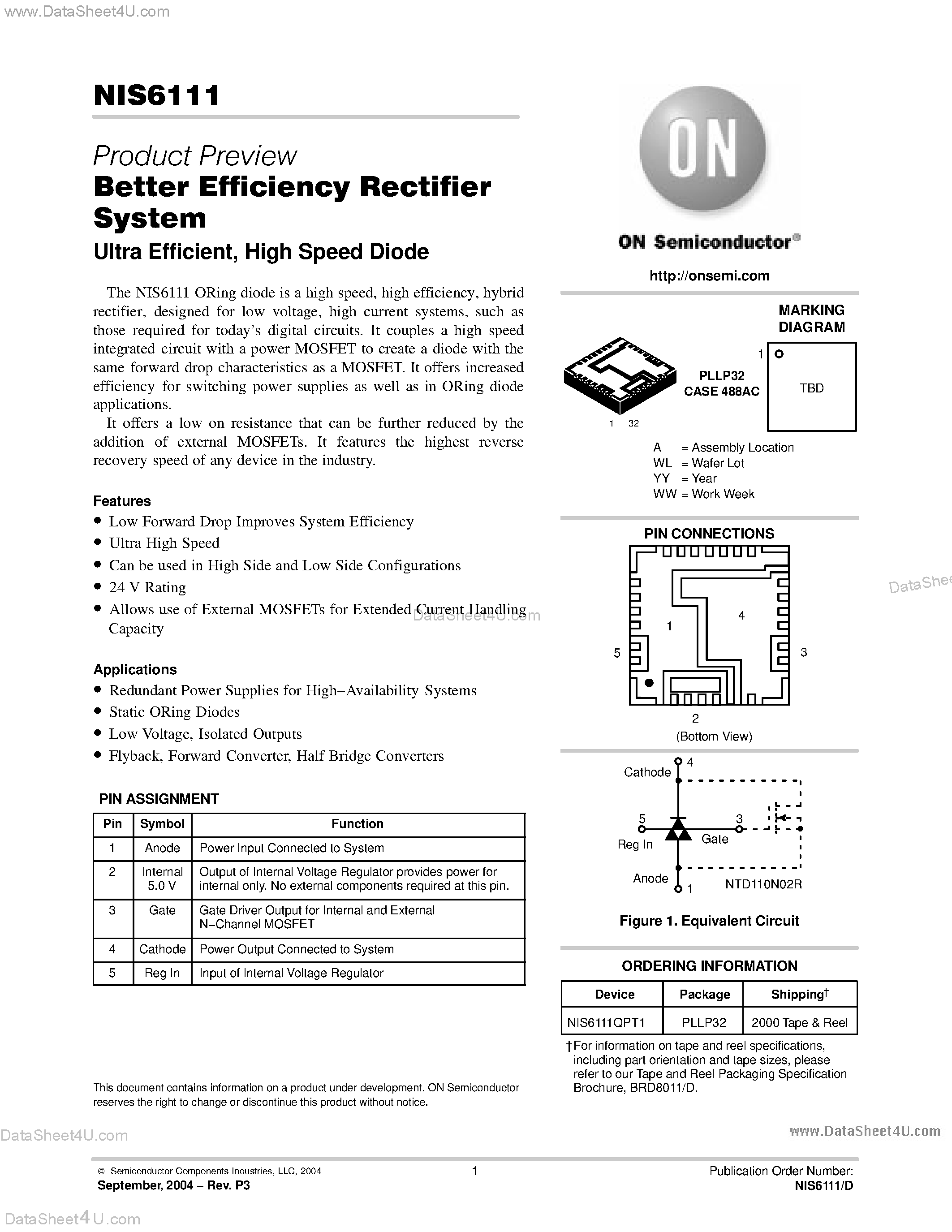Даташит NIS6111 - Better Efficiency Rectifier System страница 1