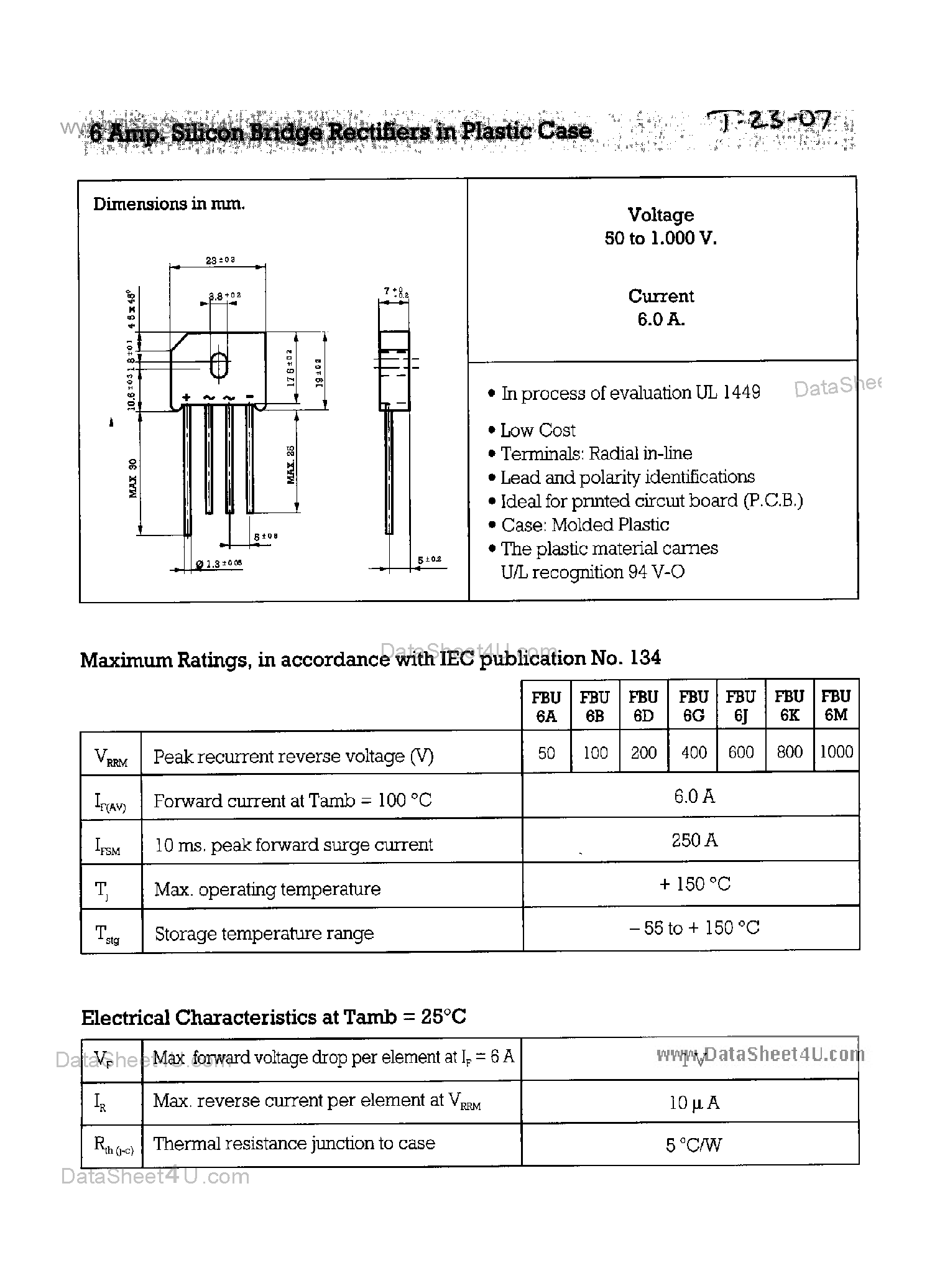 Datasheet FBU6 page 1 Datasheet FBU6 - BRIDGE RECTIFIER page 1