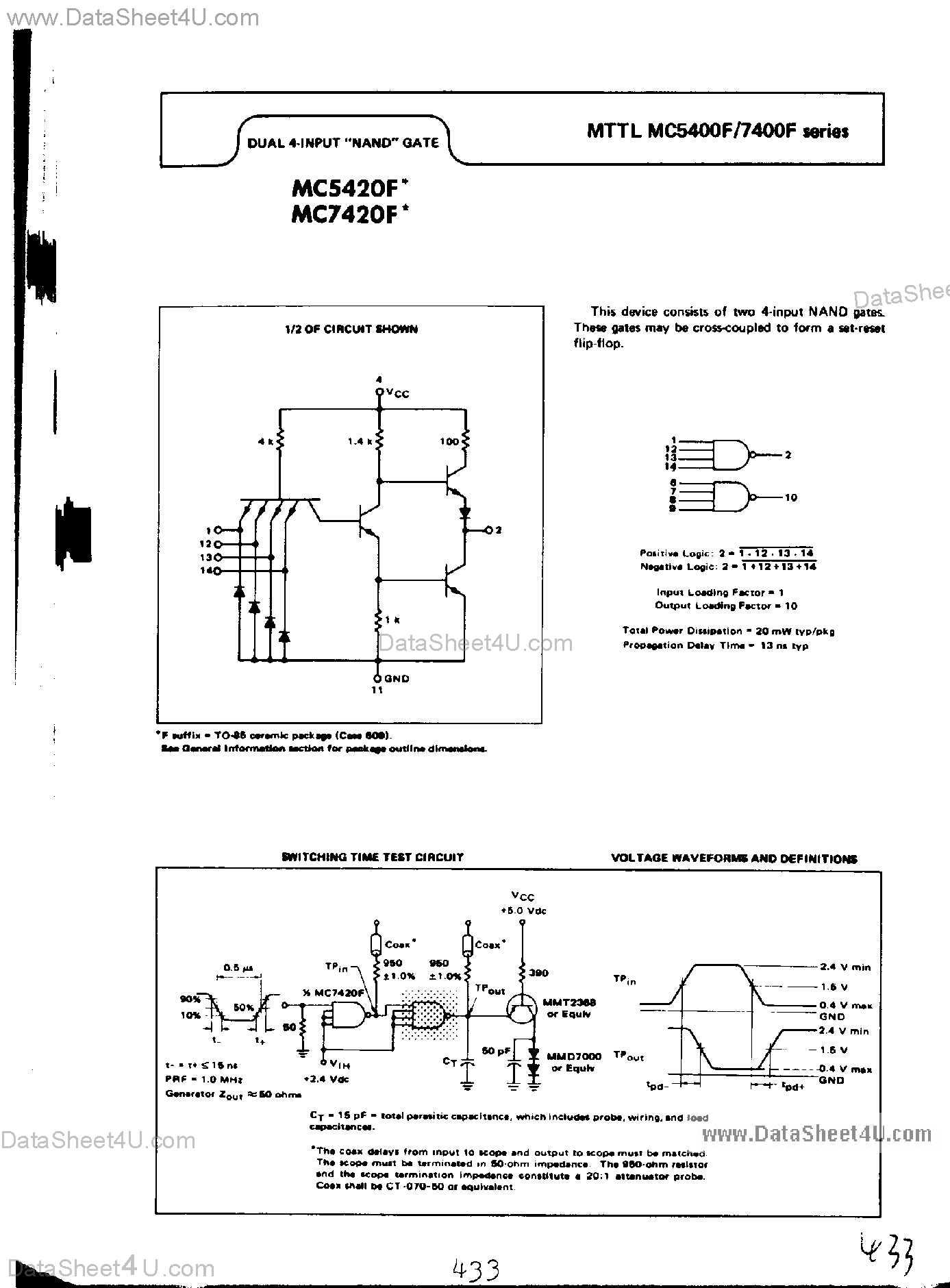 Даташит на микросхему MC7420F страница 1 Даташит MC7420F - Dual 4-Input NAND Gate страница 1