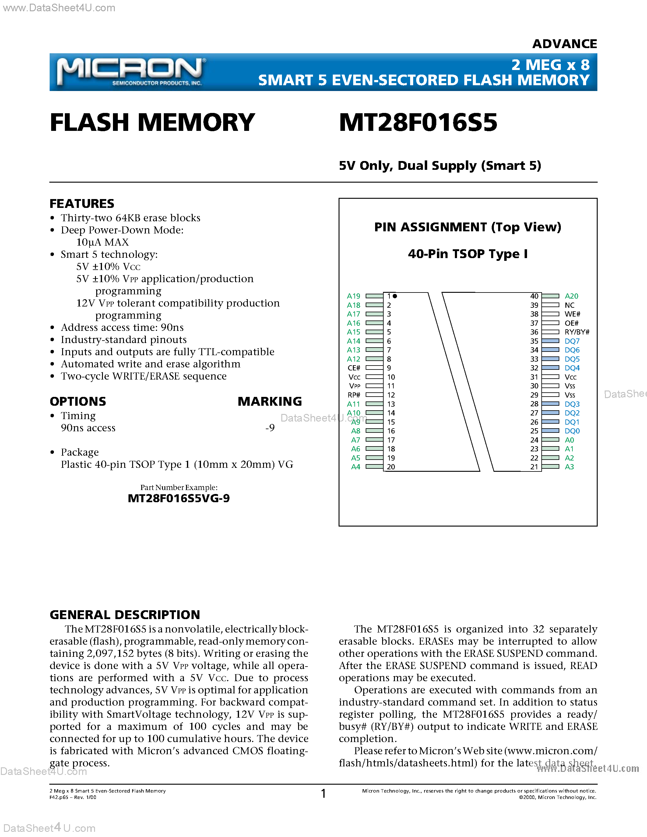 Даташит на микросхему MT28F016S5 страница 1 Даташит MT28F016S5 - 2 MEG x 8 SMART 5 EVEN-SECTORED FLASH MEMORY страница 1