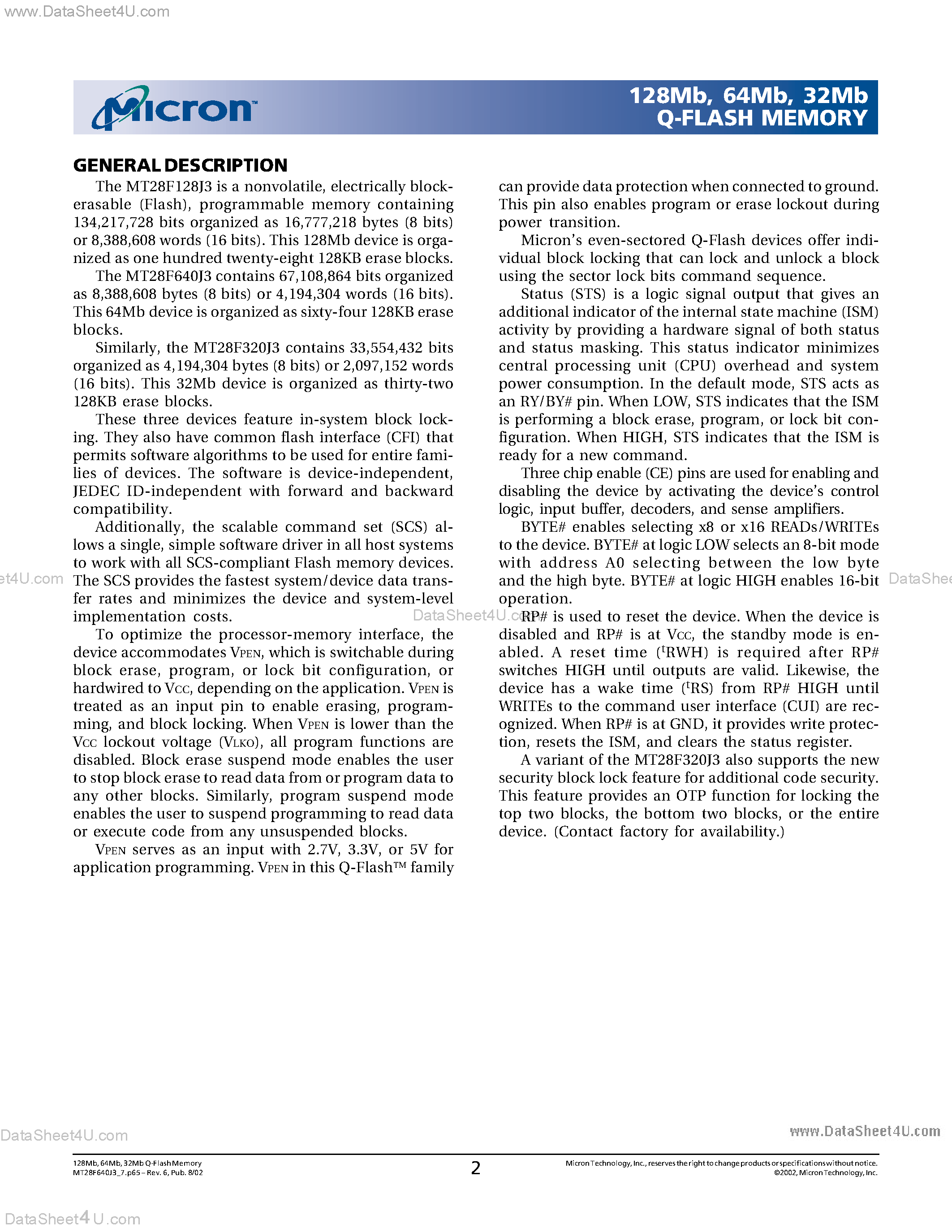Даташит на микросхему MT28F128J3 страница 2 Даташит MT28F128J3 - (MT28FxxxJ3) Q-FLASHTM MEMORY страница 2