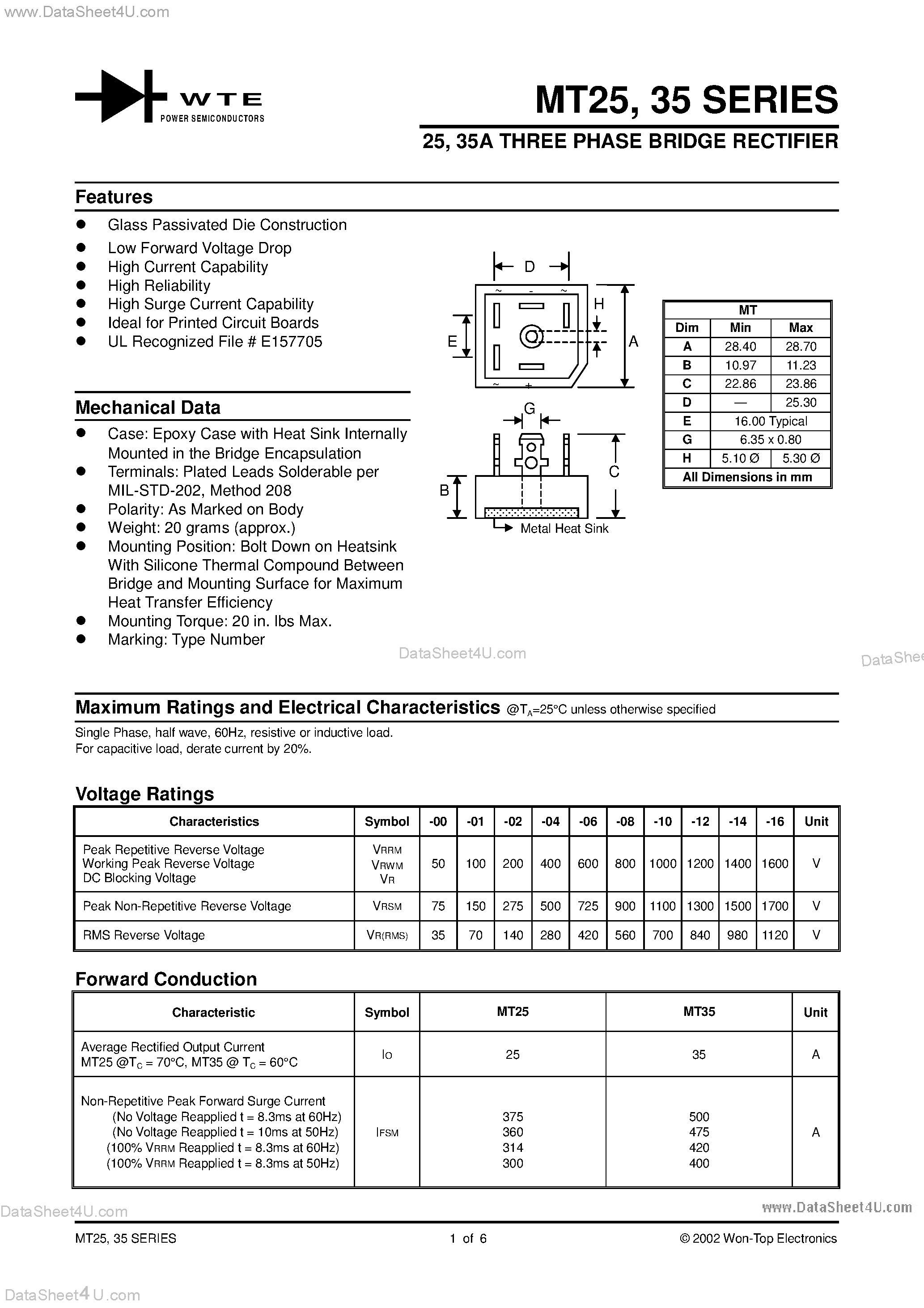Даташит MT25 - 35A THREE PHASE BRIDGE RECTIFIER страница 1