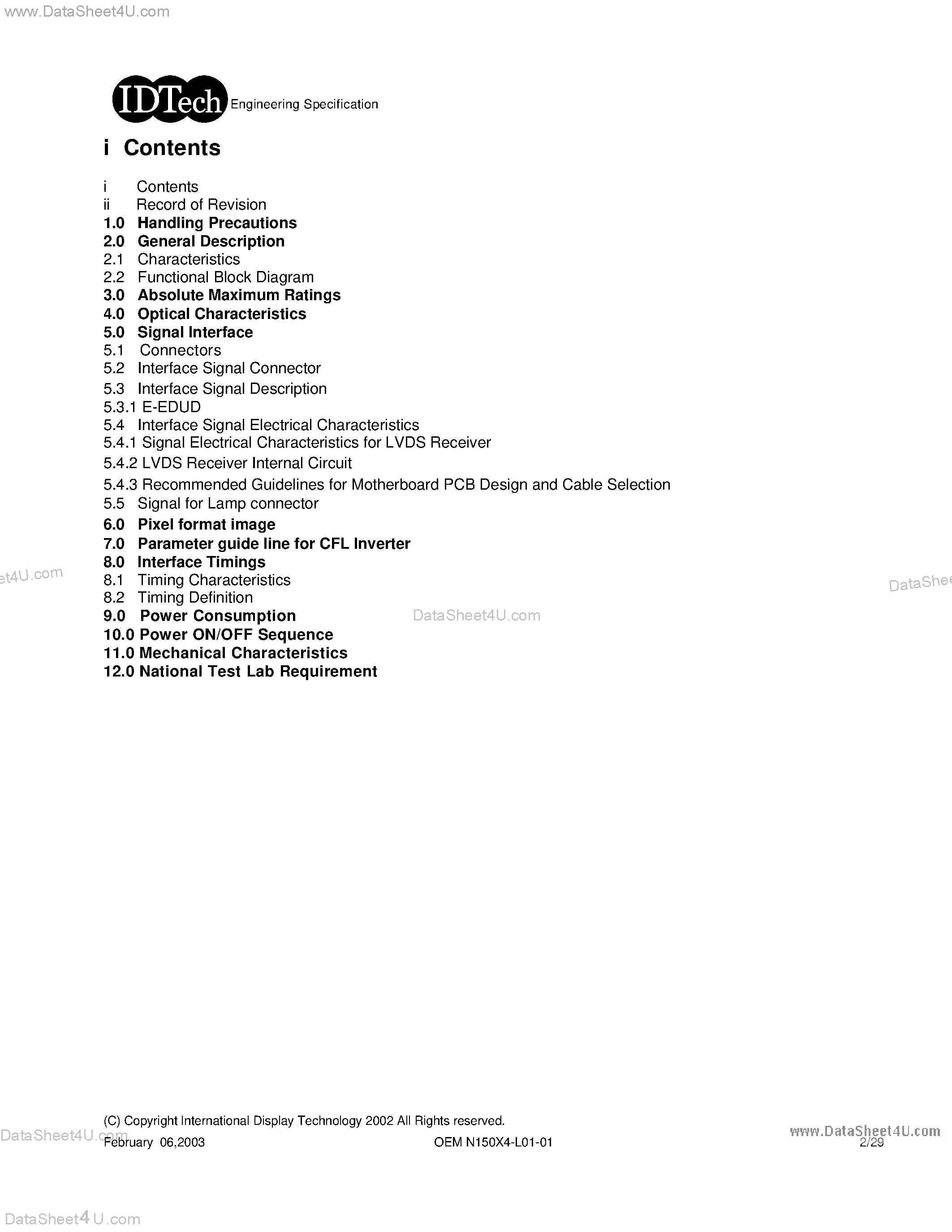 Datasheet N150X4-L01 - Engineering Specification Type 15.0 XGA Color TFT/LCD Module page 2