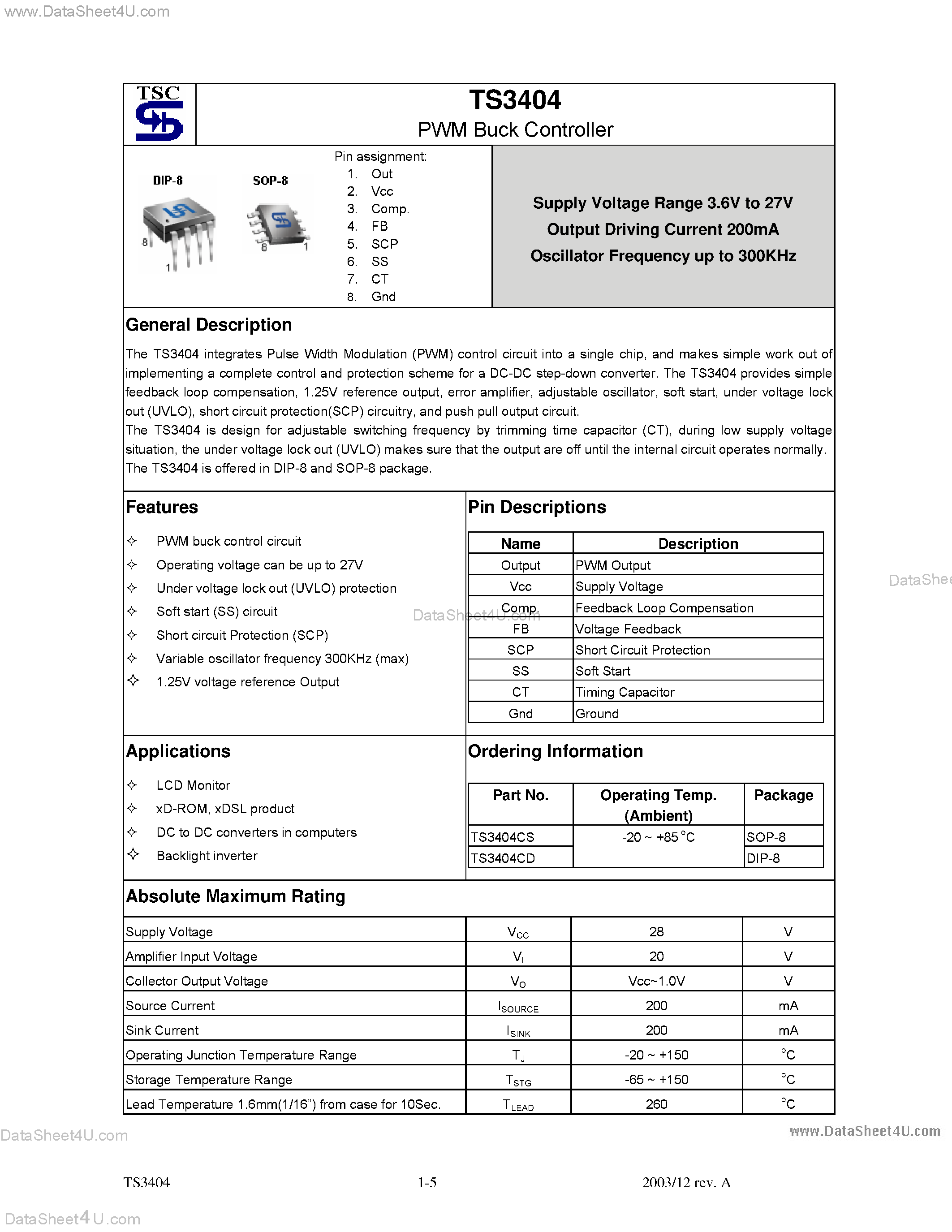 Datasheet TS3404 page 1 Datasheet TS3404 - PWM Buck Controller page 1