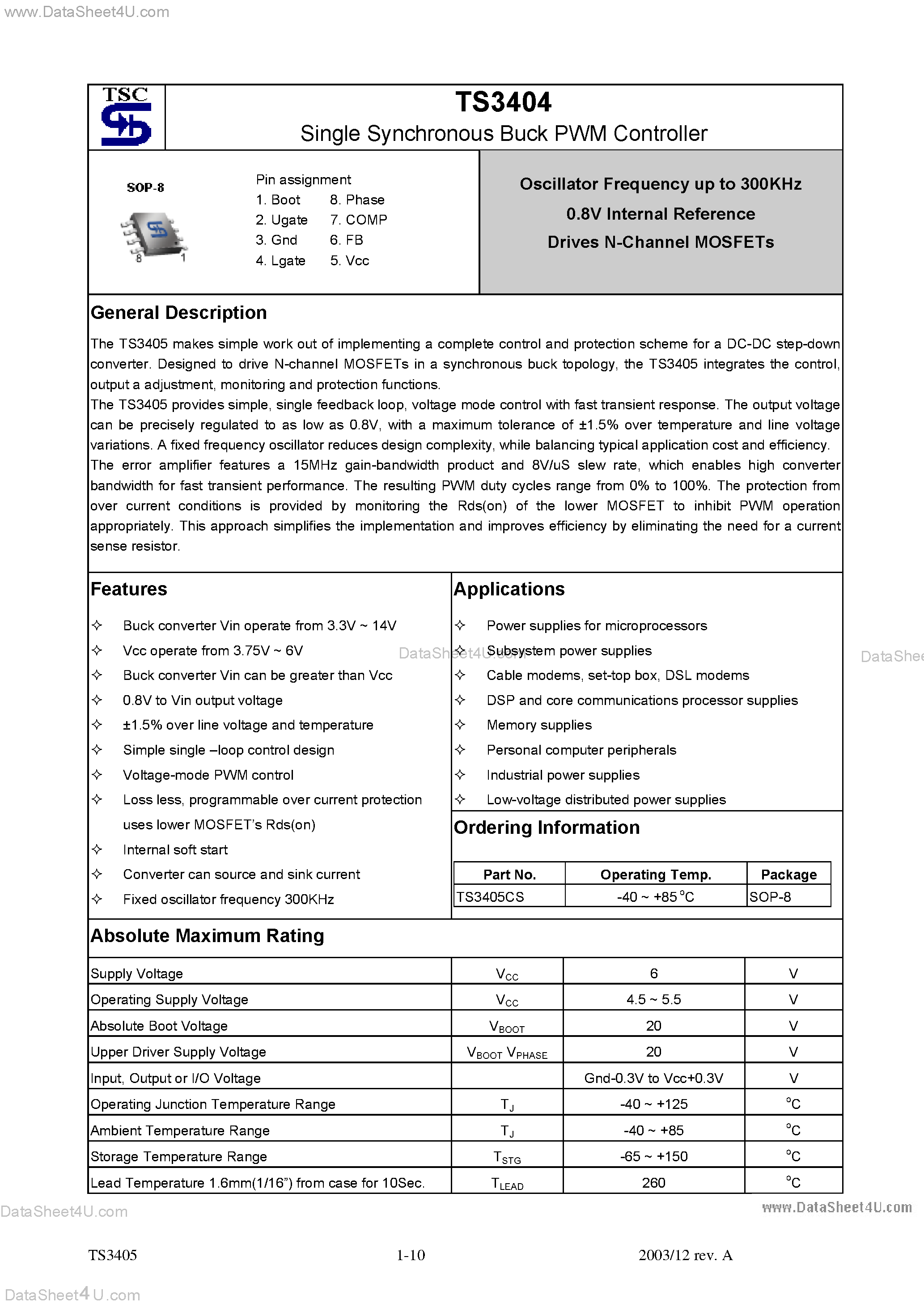 Datasheet TS3405 page 1 Datasheet TS3405 - Single Synchronous Buck PWM Controller page 1